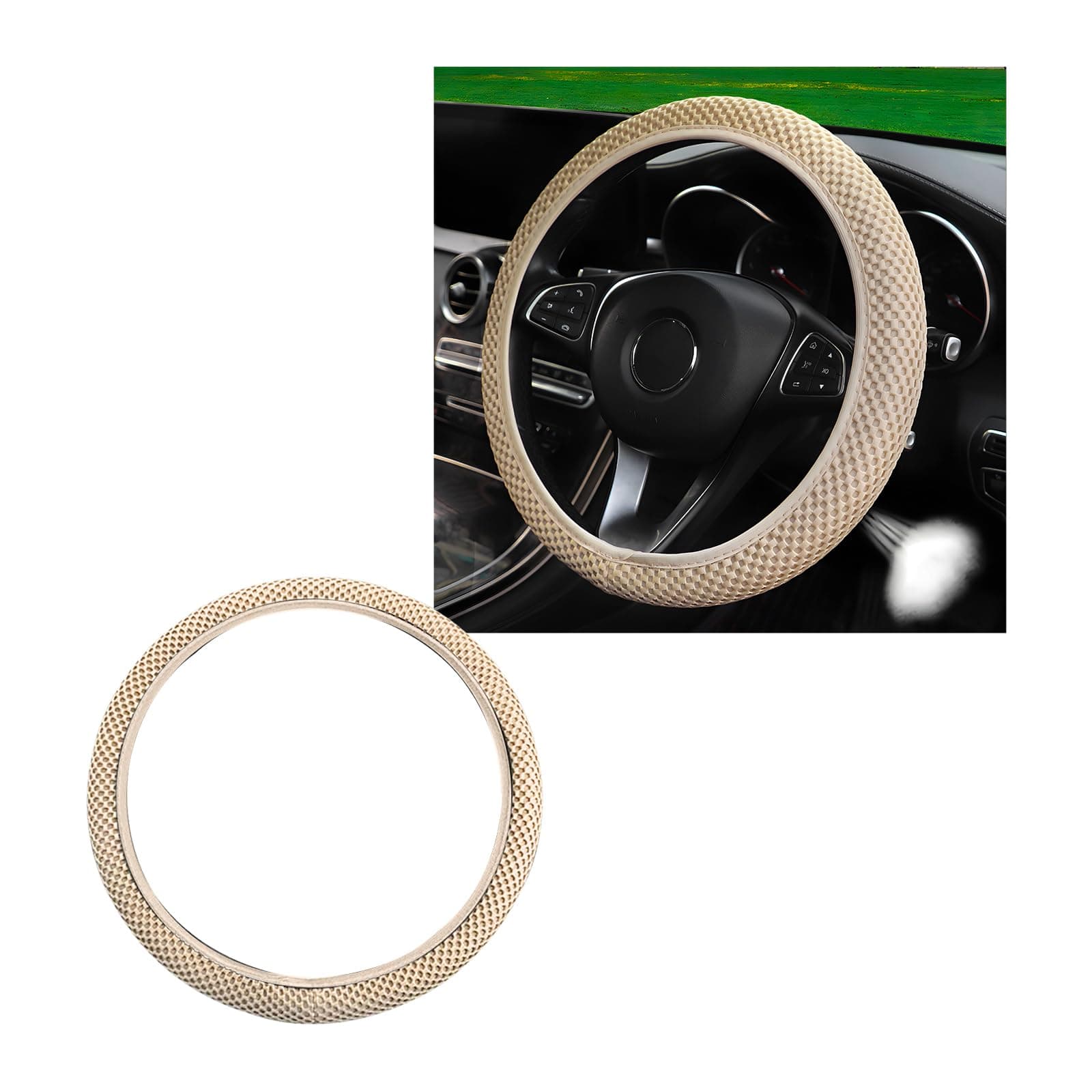 Elastic Stretch Steering Wheel Cover, 15"×15" Microfiber Breathable Ice Silk Steering Wheel Protector, Anti-Slip Elastic Steering Wheel Cover for Men Women, Car Accessories (Beige)