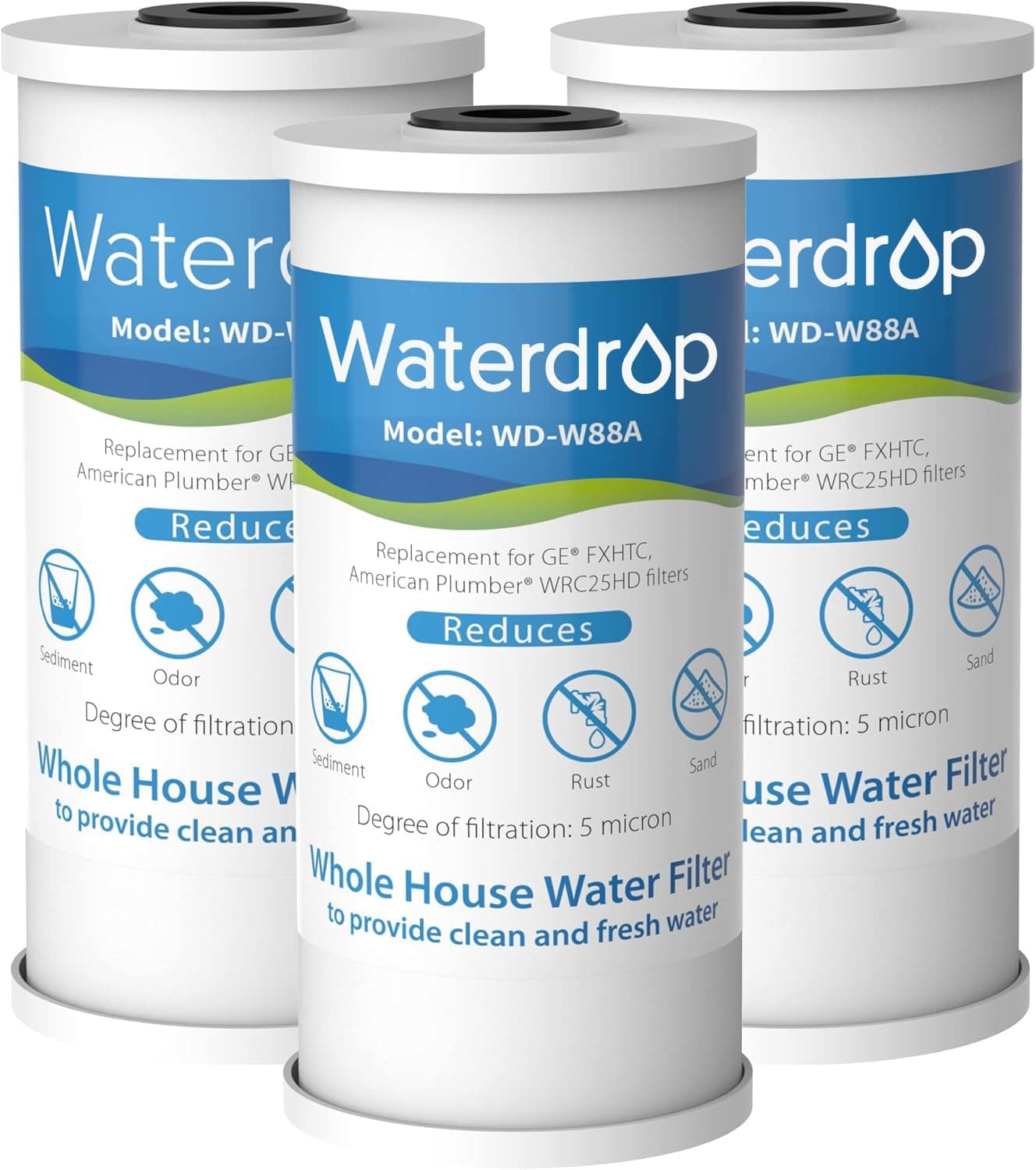 Waterdrop FXHTC Whole House Carbon Water Filter, Replacement for GE® FXHTC, GXWH40L, GXWH35F, Culligan® RFC-BBSA, American Plumber W10-PR, W10-BC, WRC25HD, 10" x 4.5" Cartridge, 5 Micron, Pack of 3