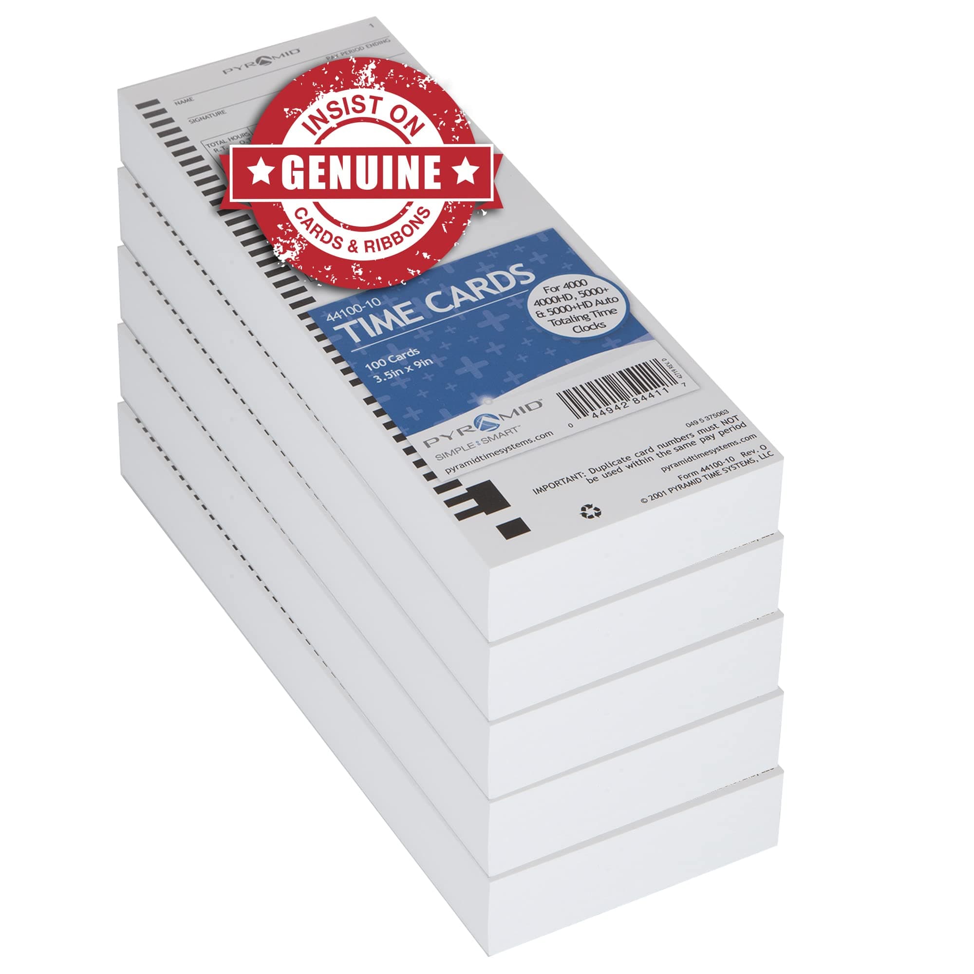 Pyramid Time Systems, 44100-10PK5, 500 Count Genuine and Authentic Time Cards for 4000, 4000Pro, 4000ProK and 5000 Series Time Clocks from Pyramid, Time Cards, White, 3.5 by 9 inches