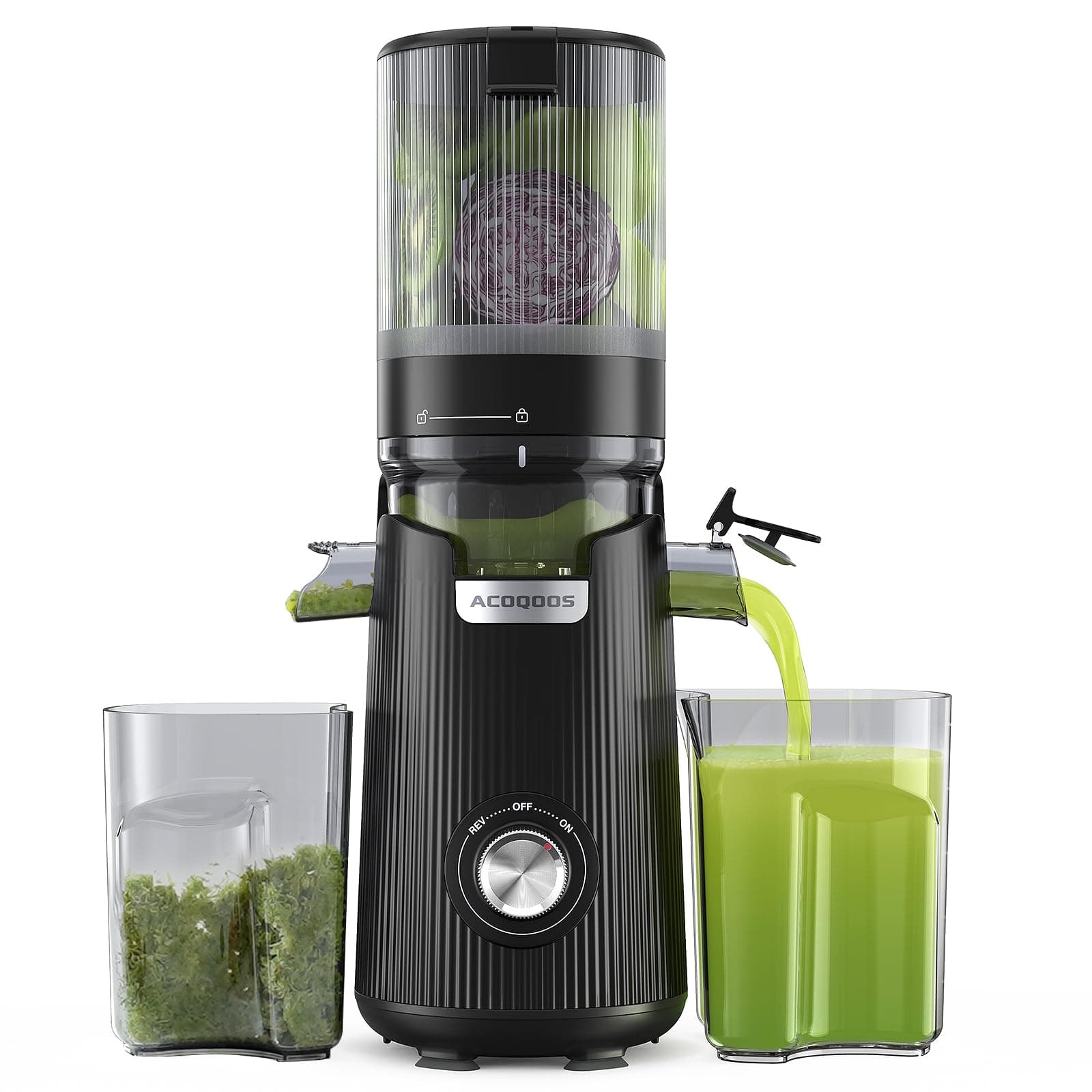 ACOQOOS Juicer Machines, Cold Press Juicer Whole Fruit and Vegetable with 5.3" Wider and Larger Feeding Chute (Capacity 1.8L), Easy to Clean Juicers with 2 Cups, Masticating Juicer Black