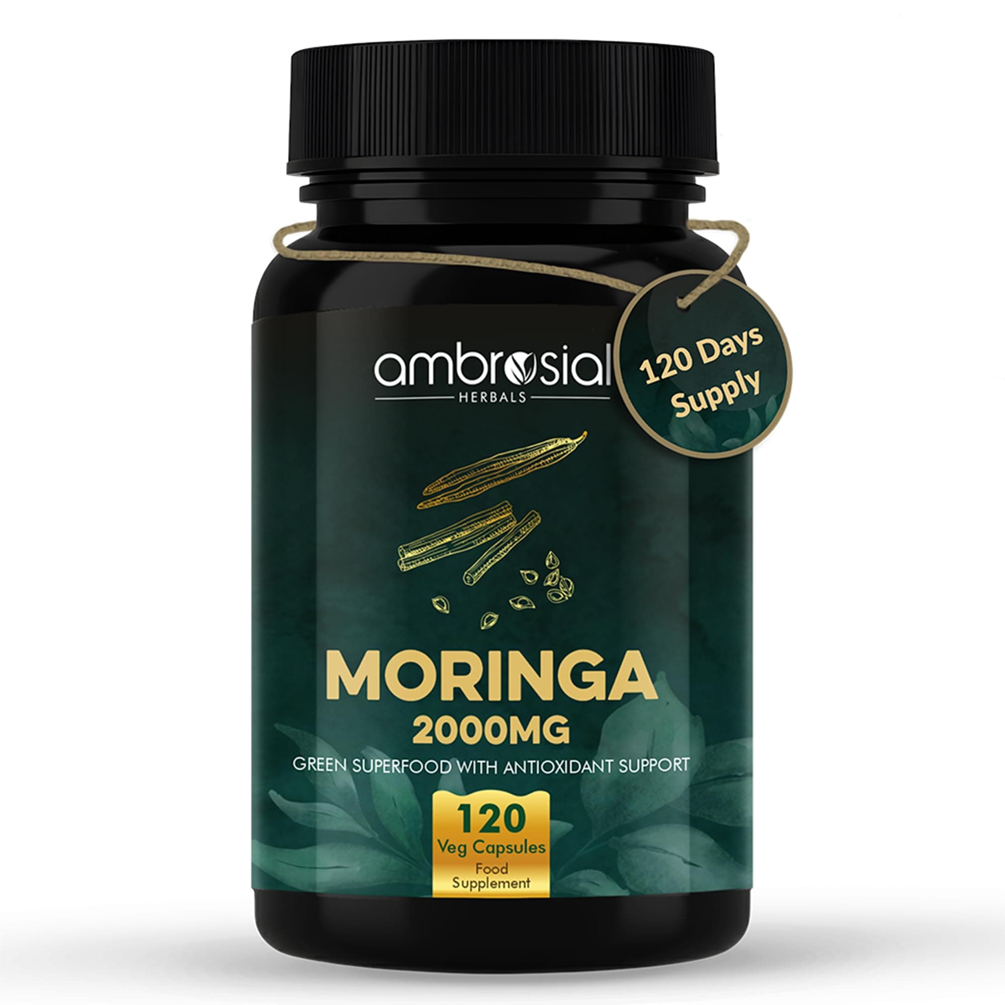 Ambrosial Moringa Capsules 2000mg | Moringa Leaf Extract | Plant-Based Herbal Supplement | Natural Wellness Support | 120 Vegan Capsules