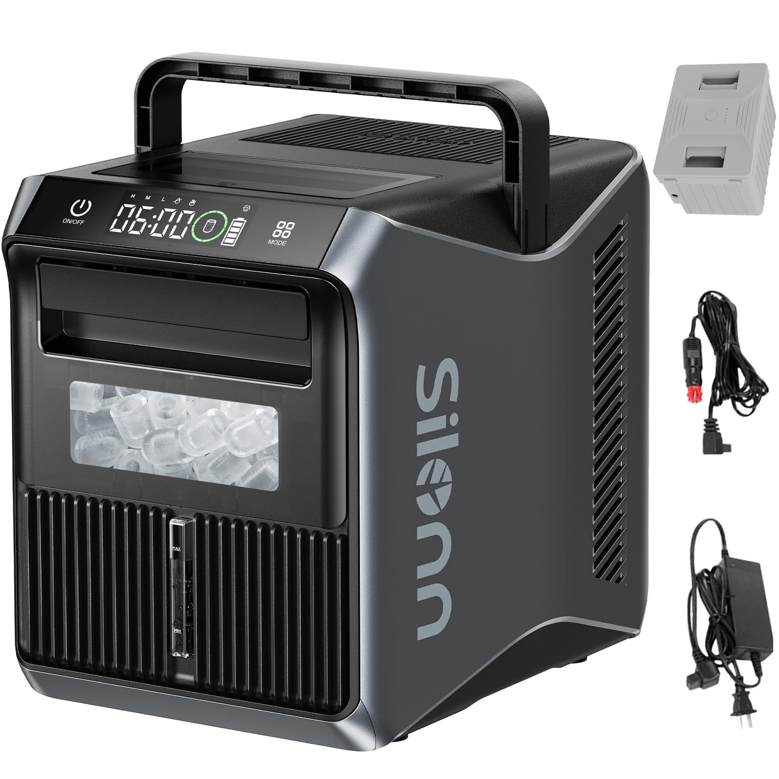 Silonn Ice Maker with Battery, RV Ice Maker Countertop 12V/24V Car Charger 100-240V AC Solar-Ready, Portable Ice Machine 9 Cubes/6 Mins 22lbs/Day Auto-Clean for Camping RV Home Outdoor