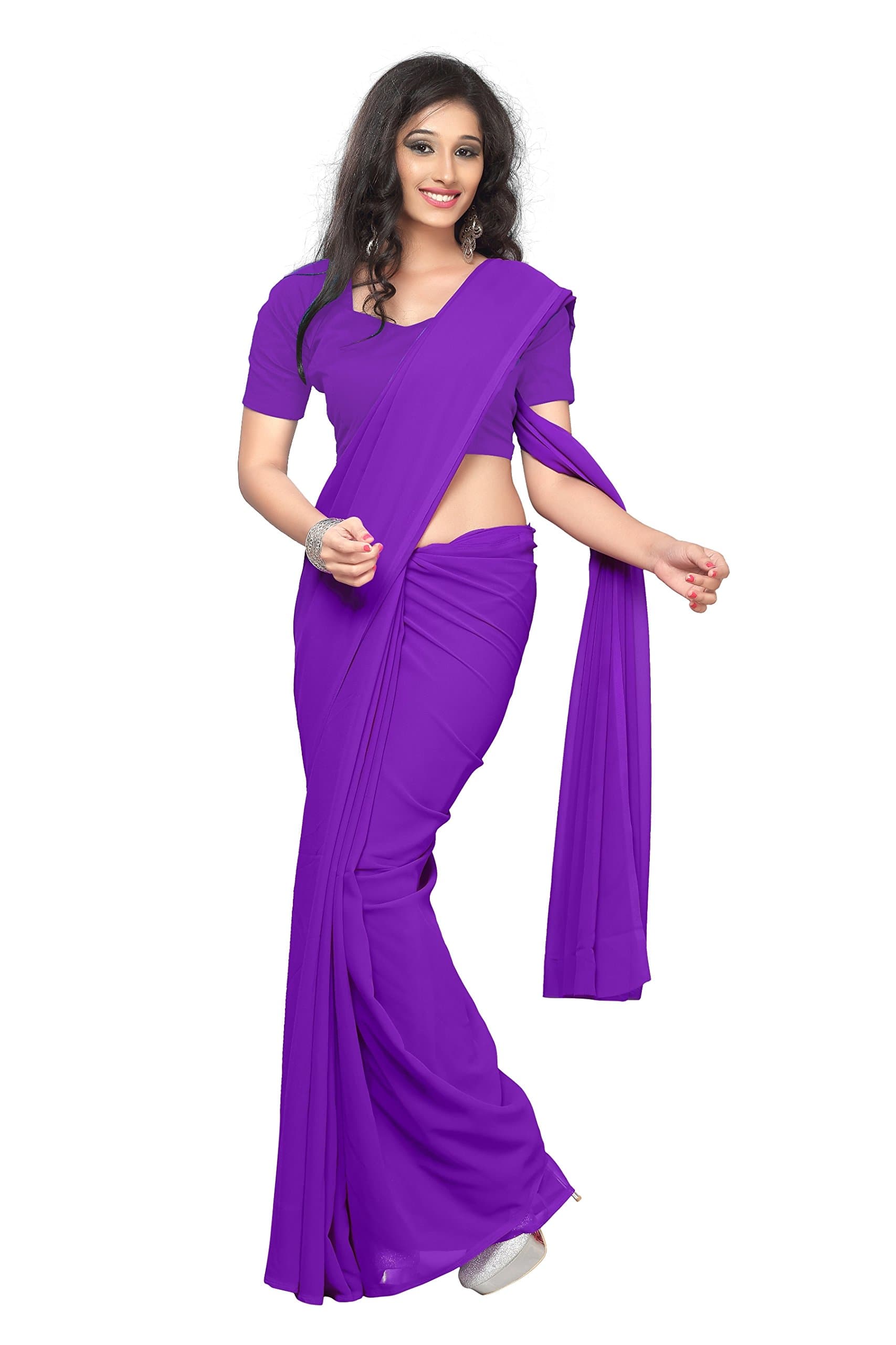 Women's Pure Chiffon Plain Solid Indian Saree with Unstitched Blouse Piece Purple