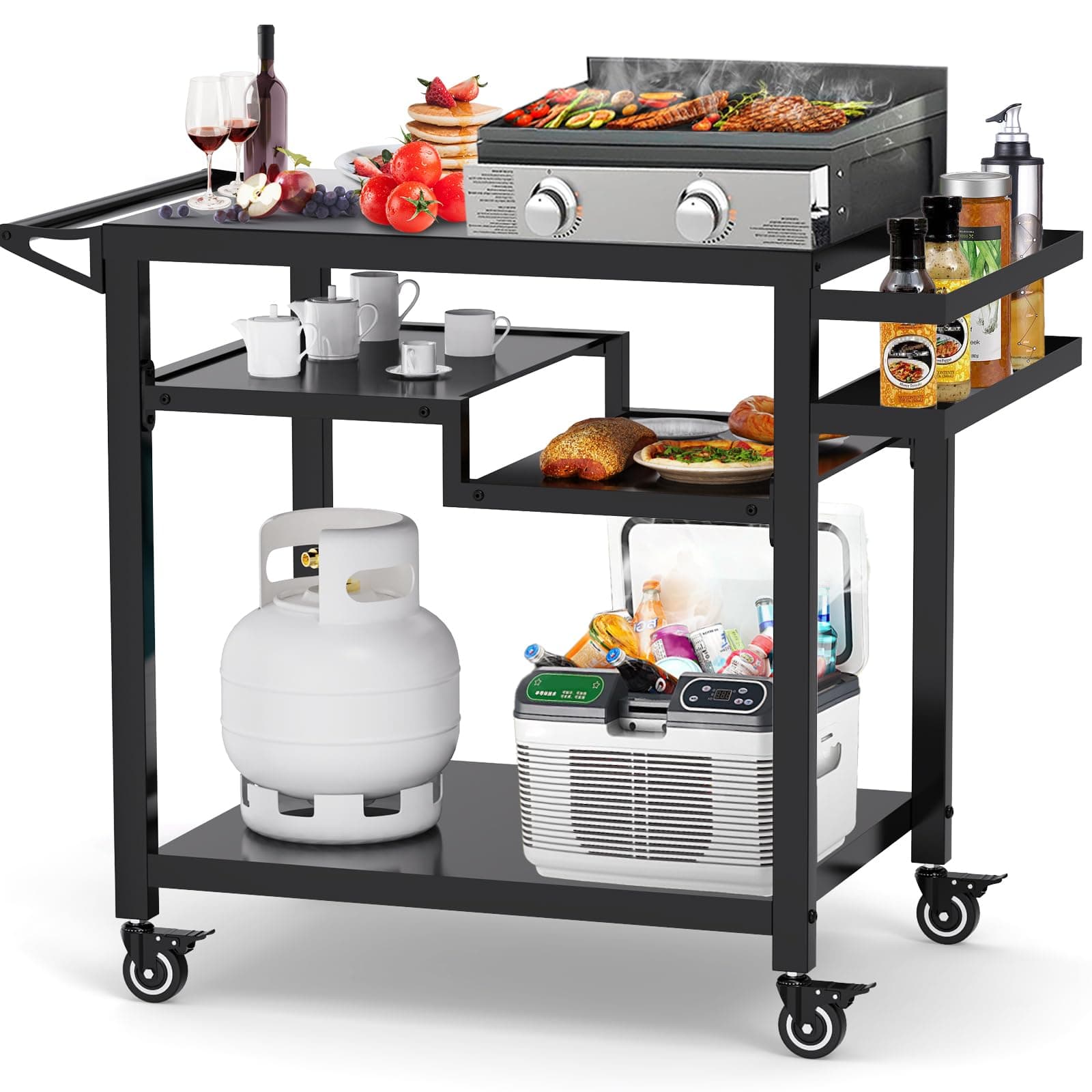 20"x 32" Three-Shelf Movable Outdoor Dining Cart Table, Multifunctional Food Prep Stand, Outdoor Grill Table with Wheels
