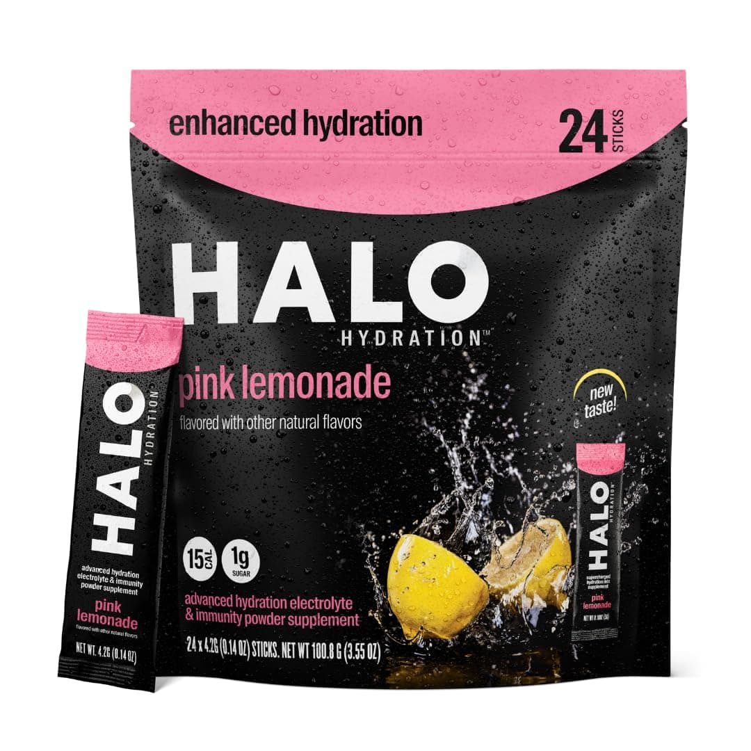 HALO Hydration - Electrolyte Drink Mix | Hydration Powder Packets | Pink Lemonade Flavor – For Sports and Cycling | Easy Open Single Serving Stick | 24 Sticks