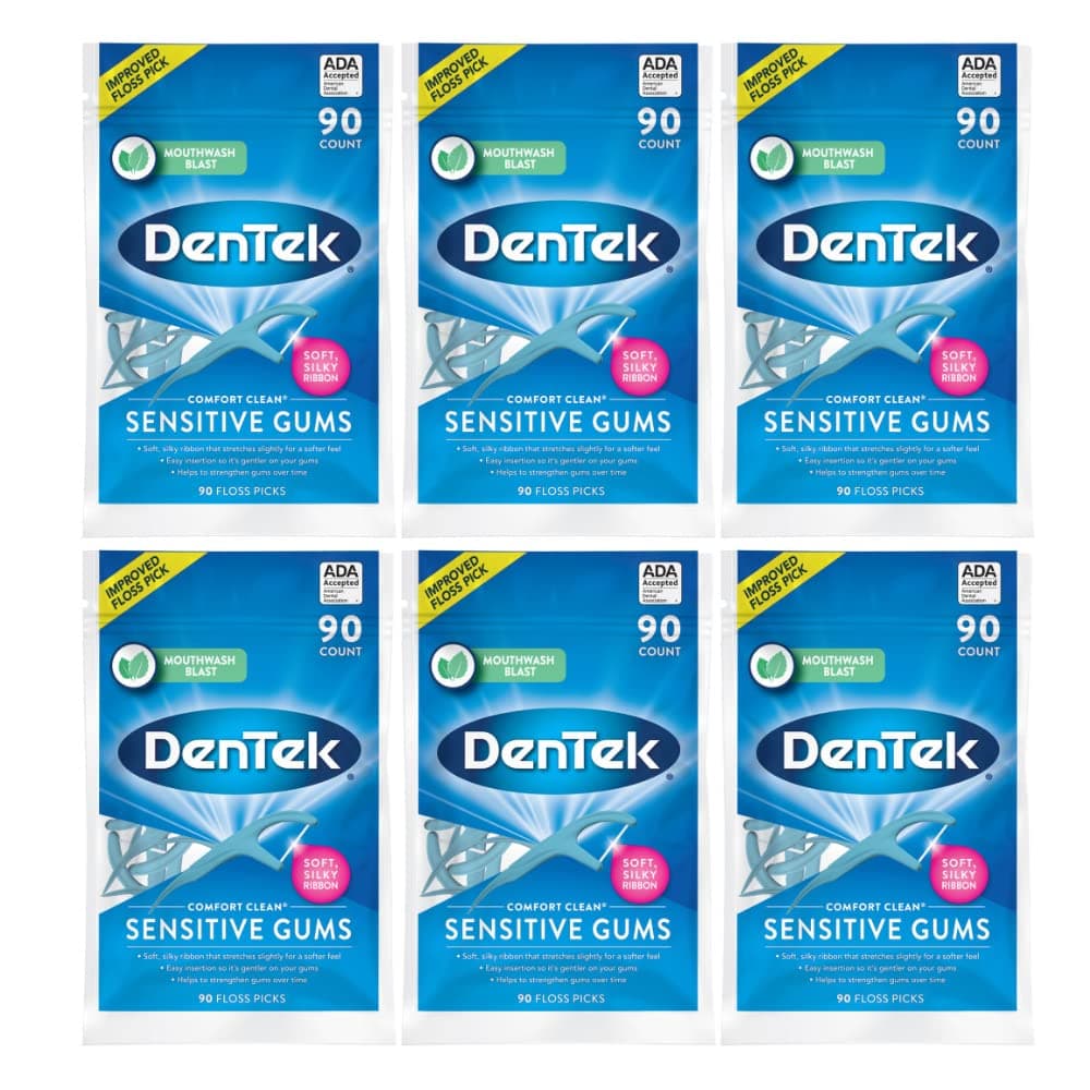 Comfort Clean Floss Picks for Sensitive Teeth, Soft and Silky Ribbon, 90 Count (Pack of 6)