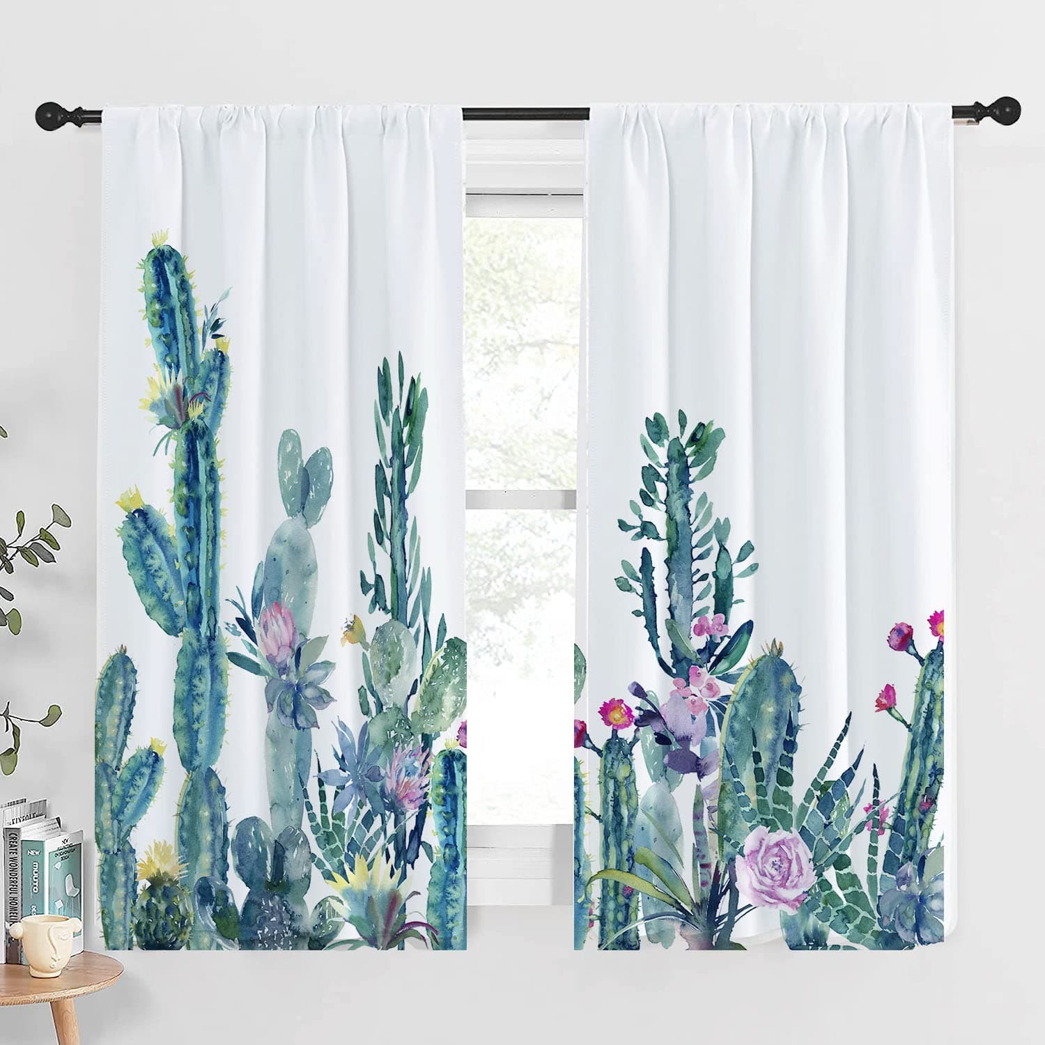 Cactus Kitchen Curtains Romantic Tender Blossoms and Barren Heath Natural Vegetation Window Drapes for Kitchen Cafe Decor, 55" X 39" (2 Panels 27.5 x 39 Inch), Green Coral