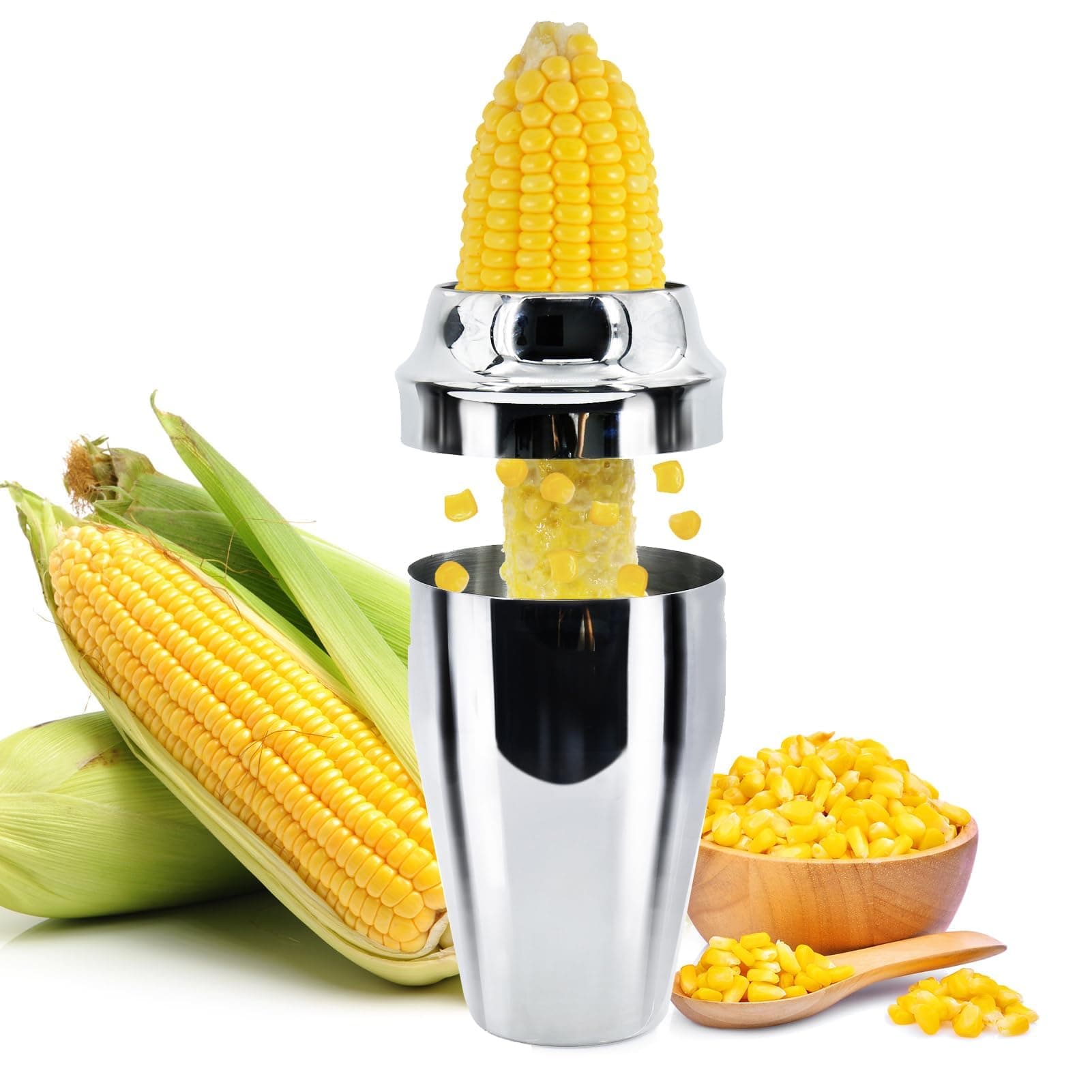 Corn Stripper Peeler, Corn Cutter with Cup, 304 Stainless Steel Cob Corn Thresher Stripping Tool, Corn Cutter Off Cob Kernel Remover Slicer with Serrated Sharp Blade for Home & Kitchen