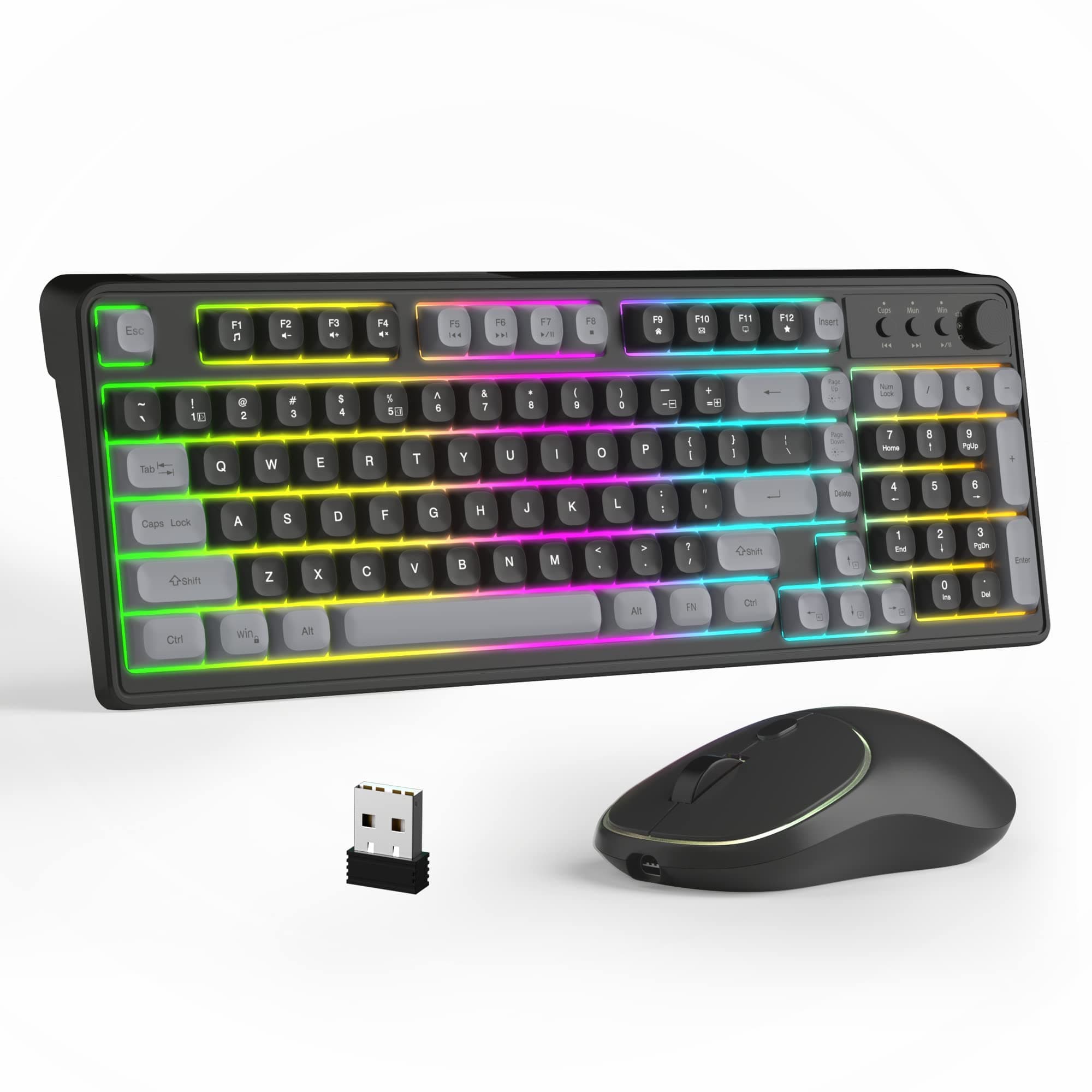 Wireless Gaming Keyboard and Mouse Combo, RGB LED Backlit Rechargeable Gaming Keyboard and Mouse Set,Black & Grey Keyboard and 1000/1200/1600 DPI Mice for Gamer/Working