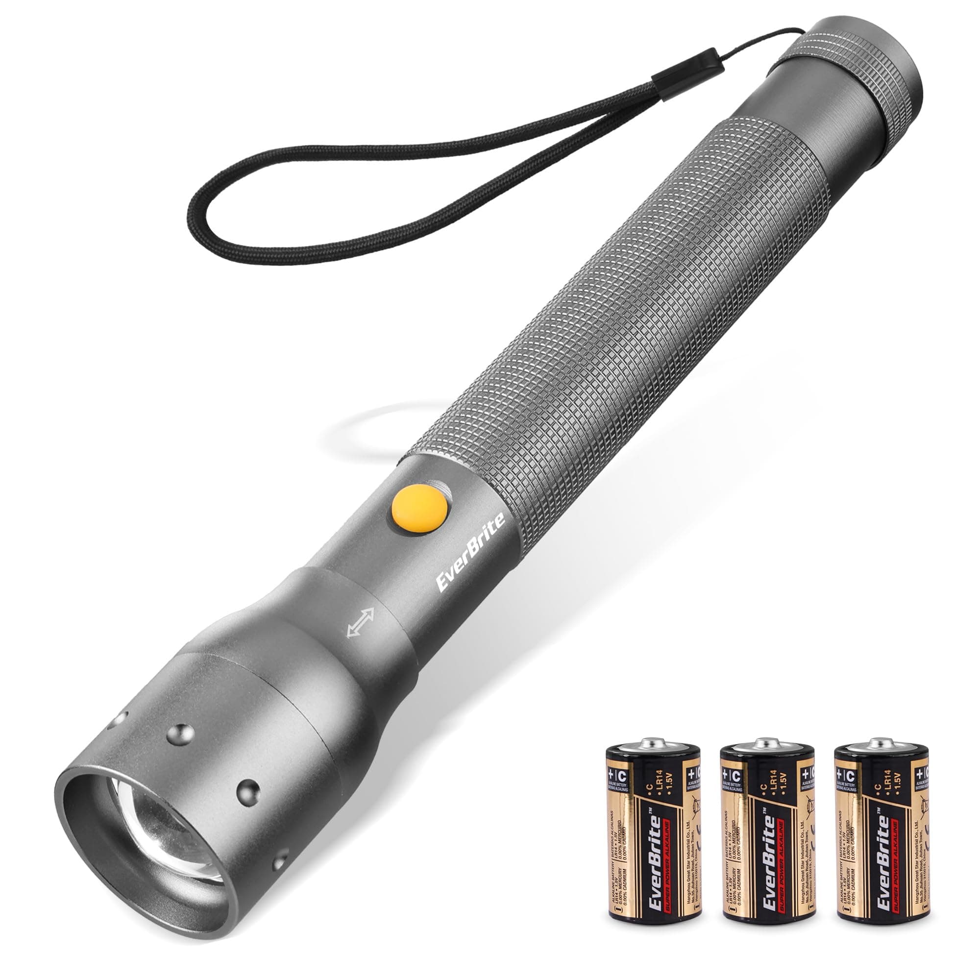 Ultra Bright Tactical Flashlight, 900 Lumen Zoomable Adjustable Focus, 3 Light Modes, Heavy-Duty Aluminum Torch for Hurricane Supplies Camping, Includes 3C Alkaline Batteries-Gray