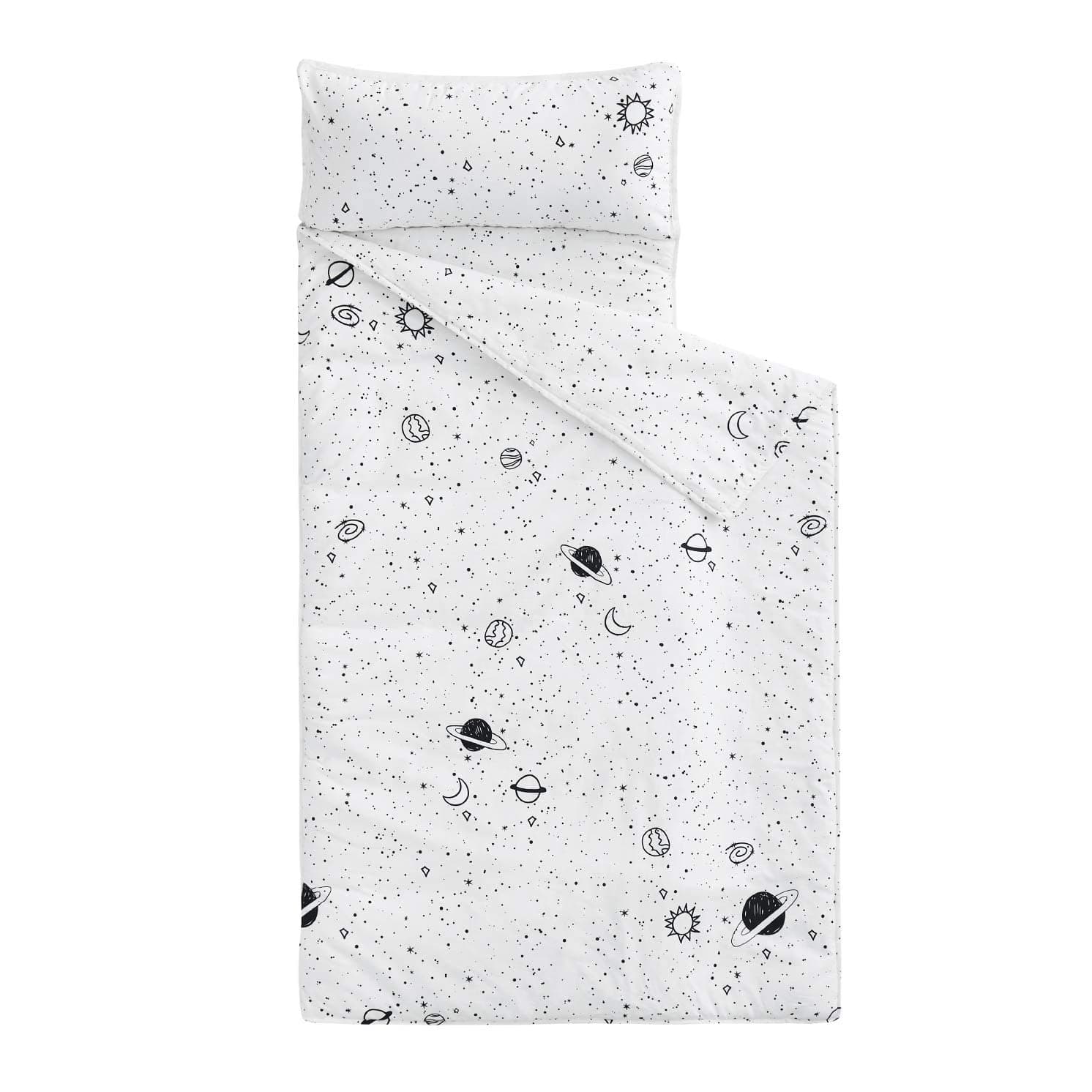 Wake In Cloud - Nap Mat with Removable Pillow for Kids Toddler Boys Girls Daycare Preschool Kindergarten Sleeping Bag, Space Stars Rockets on White, 100% Cotton with Microfiber Fill (55"x20")