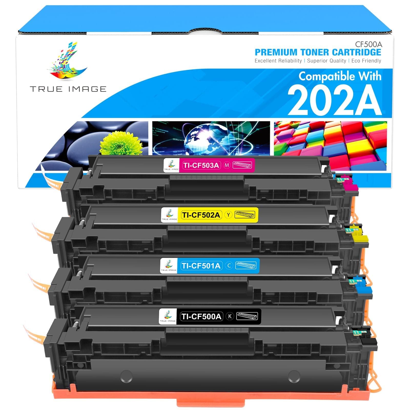 TRUE IMAGE Compatible Toner Cartridge Replacement for HP 202A CF500A M281fdw HP Color Laserjet Pro MFP M281fdw M281cdw M254dw M281fdn M254 M281 202 Toner Printer (Black Cyan Yellow Magenta, 4-Pack)