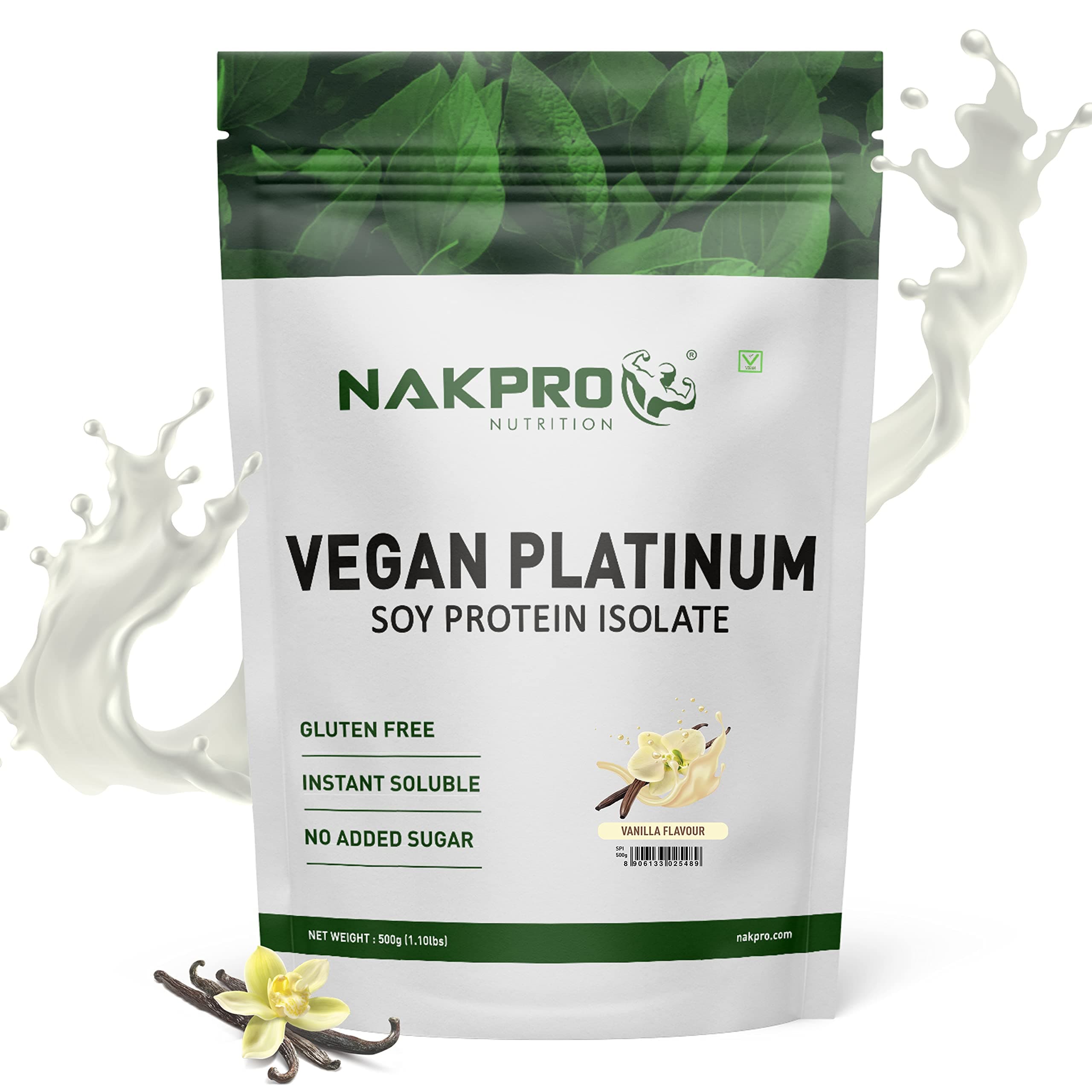 NAKPRO 100% Soy Protein Isolate, Vanilla - 500g | 25.3g Protein |Plant Based Protein Powder |All Essential Amino Acids for Support and Recovery