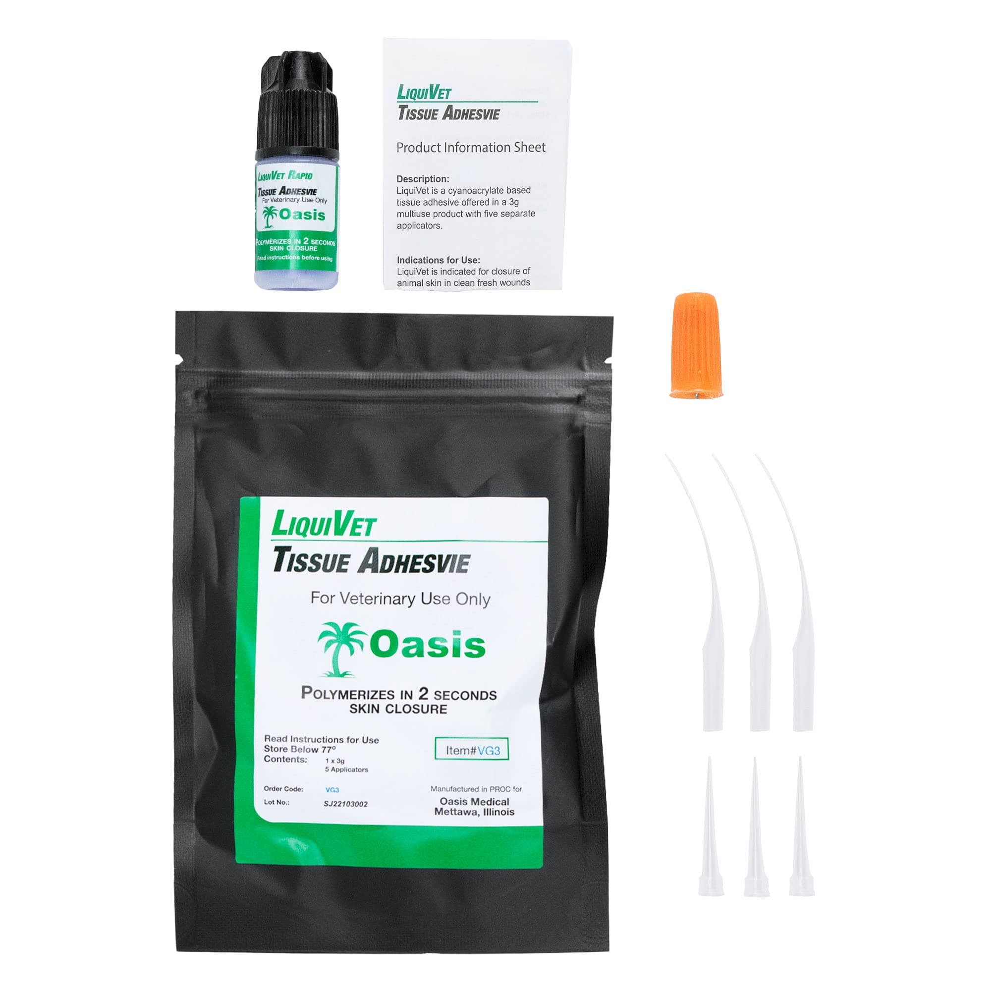 Rapid 2 Second Tissue Adhesive, Vet Skin Glue, Tissue Wound Skin Closure, 3g Bottle and 5 Applicators