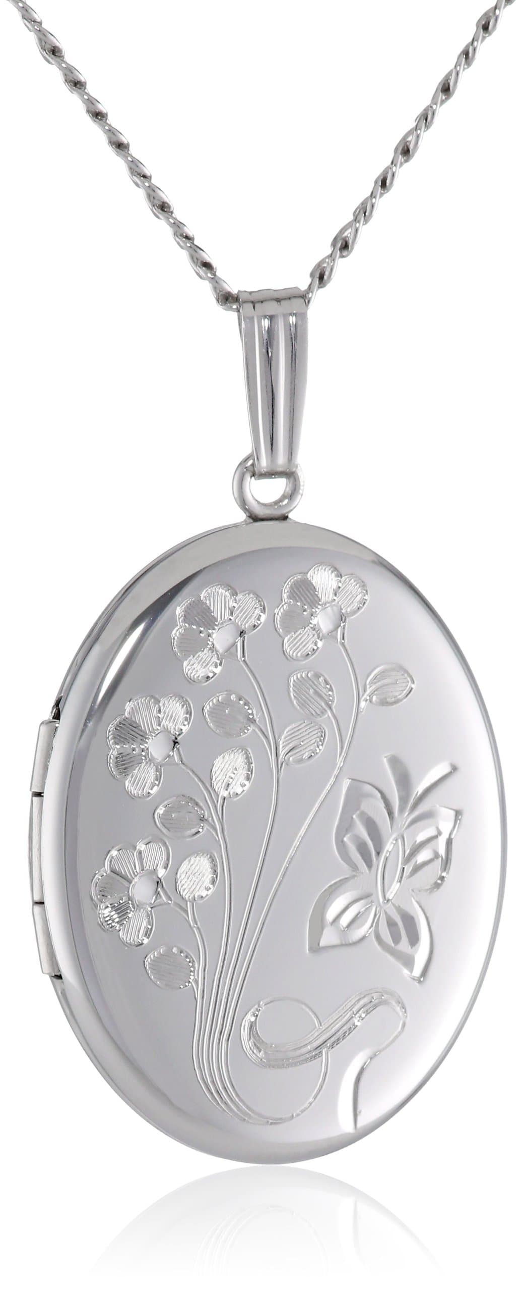 Sterling Silver engraved Flowers Oval Pendant Locket, 20"