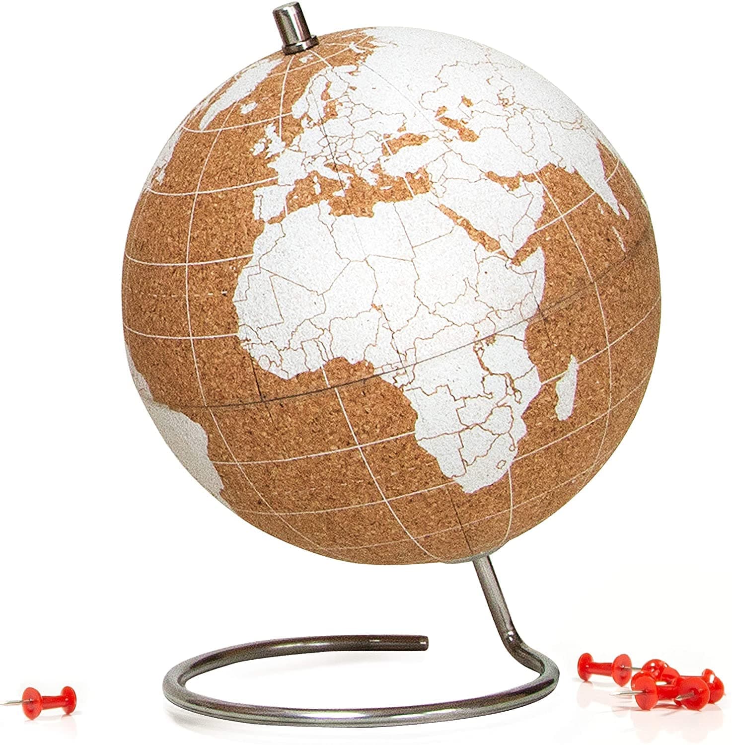 Suck UK – Mini White Desktop Cork Globe | Push Pins Included | Educational World Map | Globe For Kids