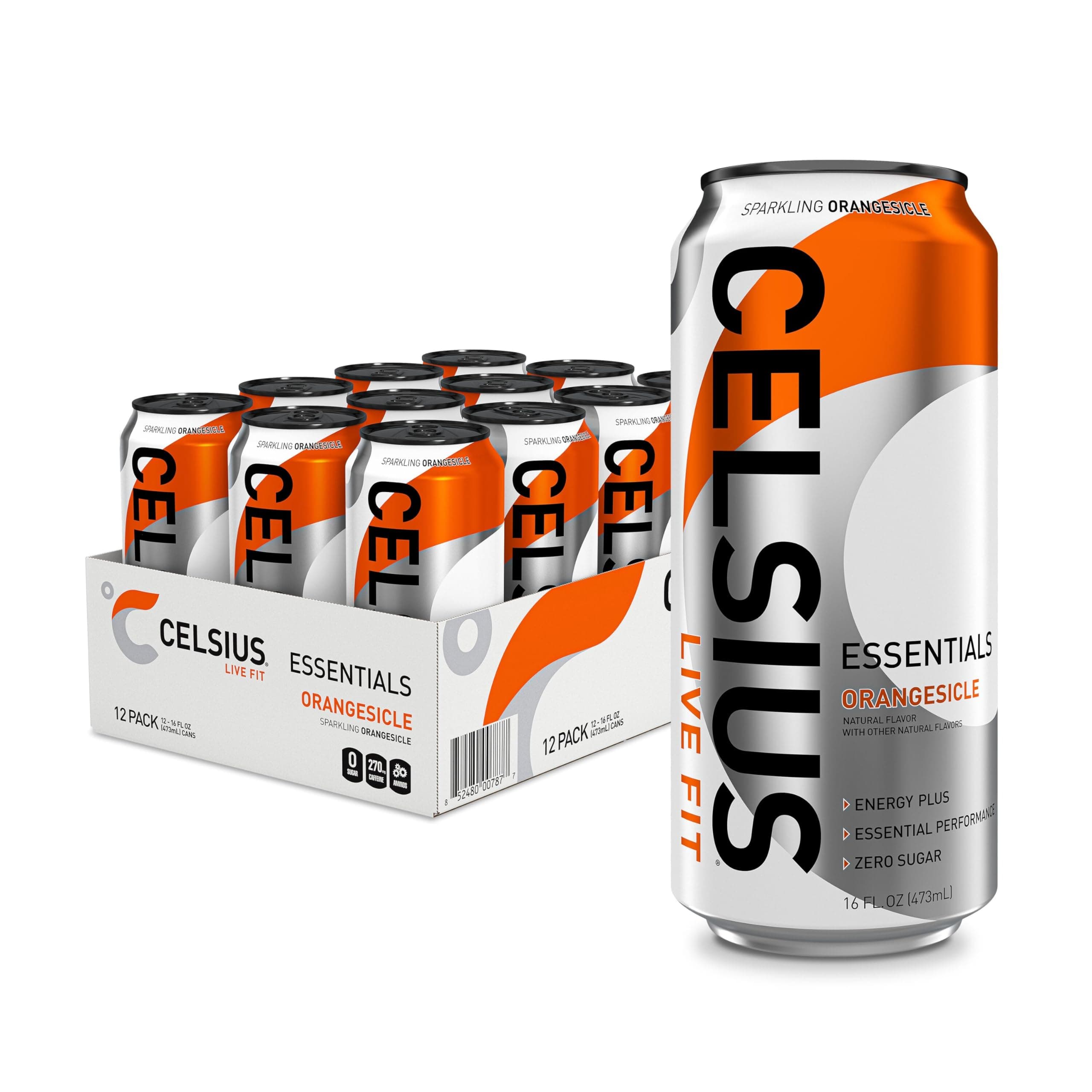 CELSIUS ESSENTIALS™ Sparkling Orangesicle, Sugar Free Performance Energy Drink, 16 Fl Oz (Pack of 12)