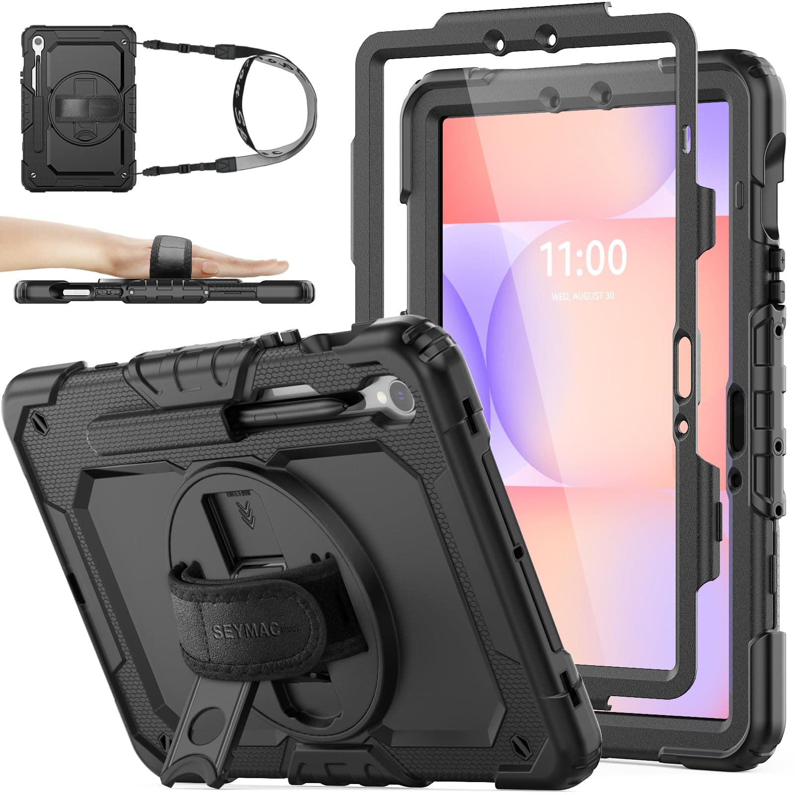 Galaxy Tab S10 Lite/S10 FE/S9/S9FE Case Shockproof Frame with Protective Film Without Protective Film Frame Pen Storage 360° Rotating Stand Hand Strap Shoulder Strap Full Protective Cover (Black)