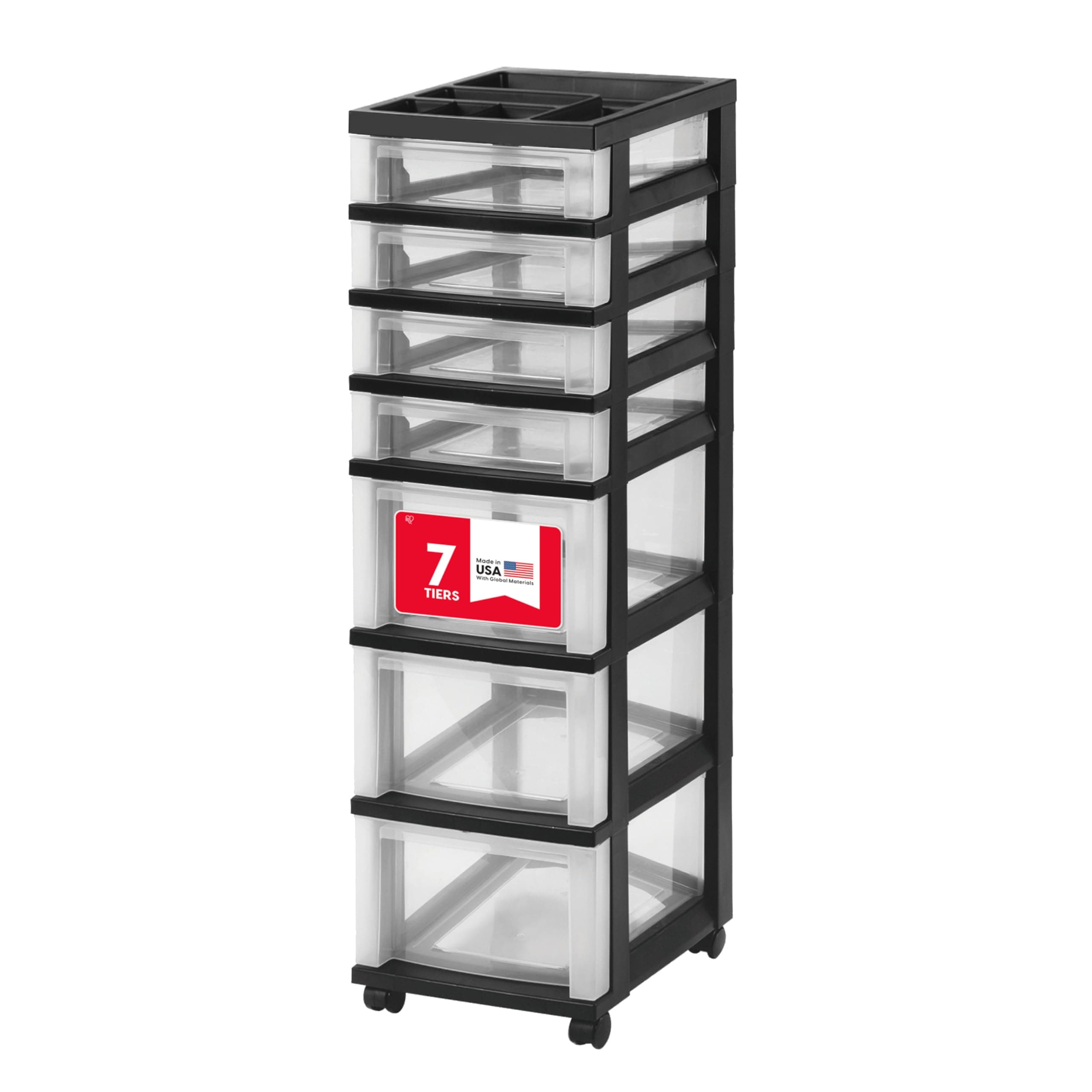 IRIS USA Plastic Drawer Storage Organizer Rolling Cart, with Wheels Casters, 7-Drawers, for Classroom Art Craft Supplies Dresser Closet Bathroom Laundry Room, Black/Clear