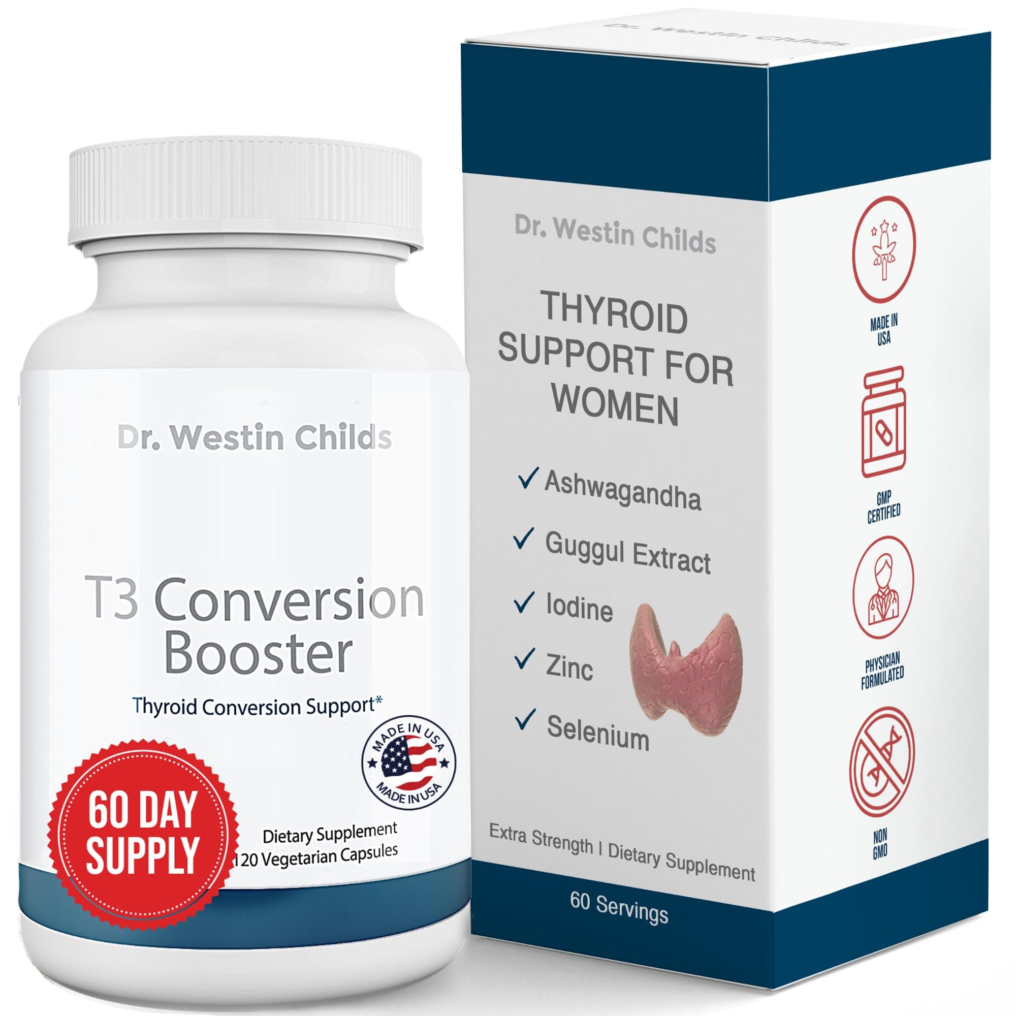 T3 Conversion Booster - Thyroid Support for Women & Men with Hypothyroidism & Hashimoto’s, Iodine, Ashwagandha, Guggul Extract, Selenium & Zinc Complex, 60 Servings
