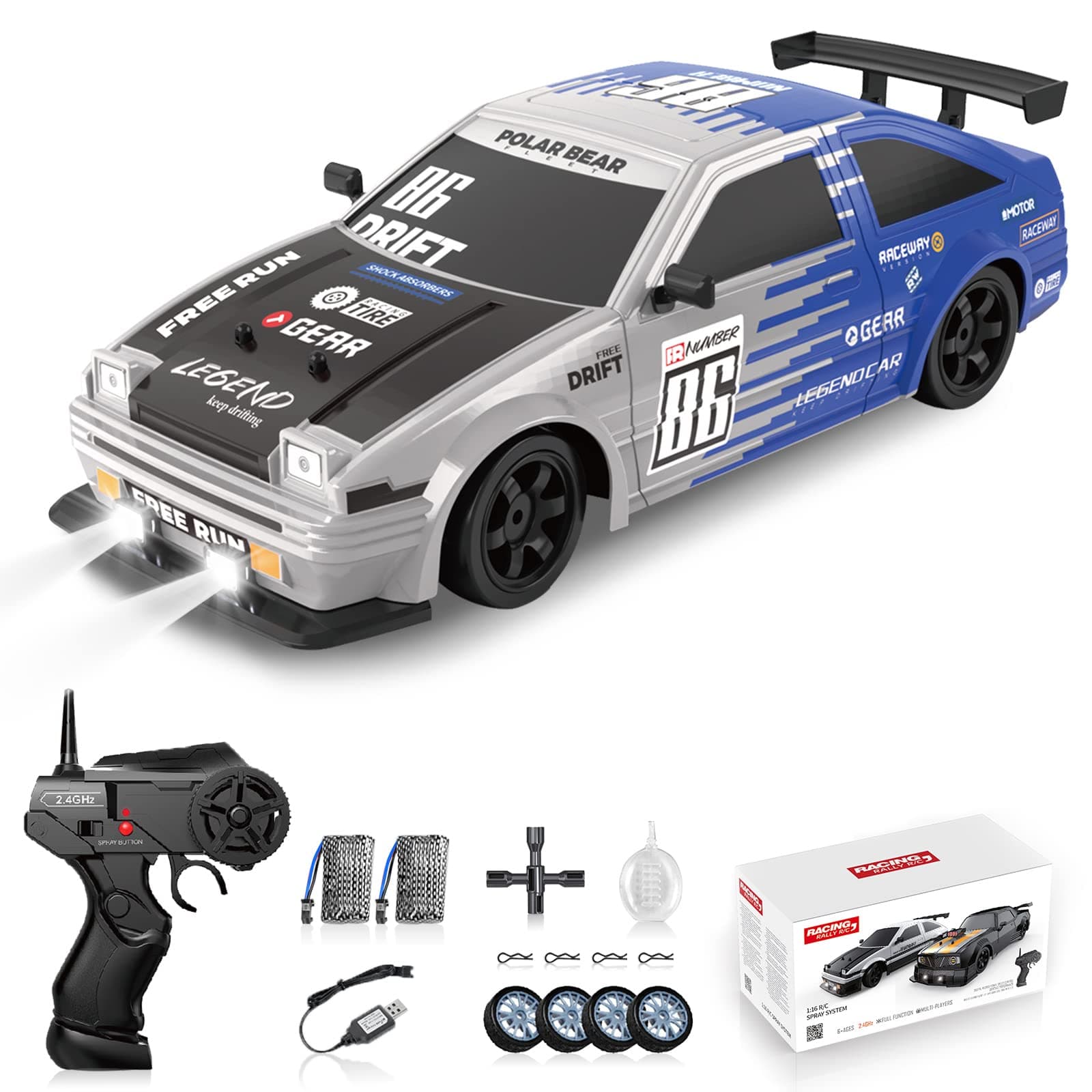 RC Drift Car 2.4GHz 1:16 Scale 4WD High Speed Remote Control Cars Vehicle with LED Lights Two Batteries and Drifting Tires Racing Sport Toy Cars for Adults Boys Girls Kids, Multicolor