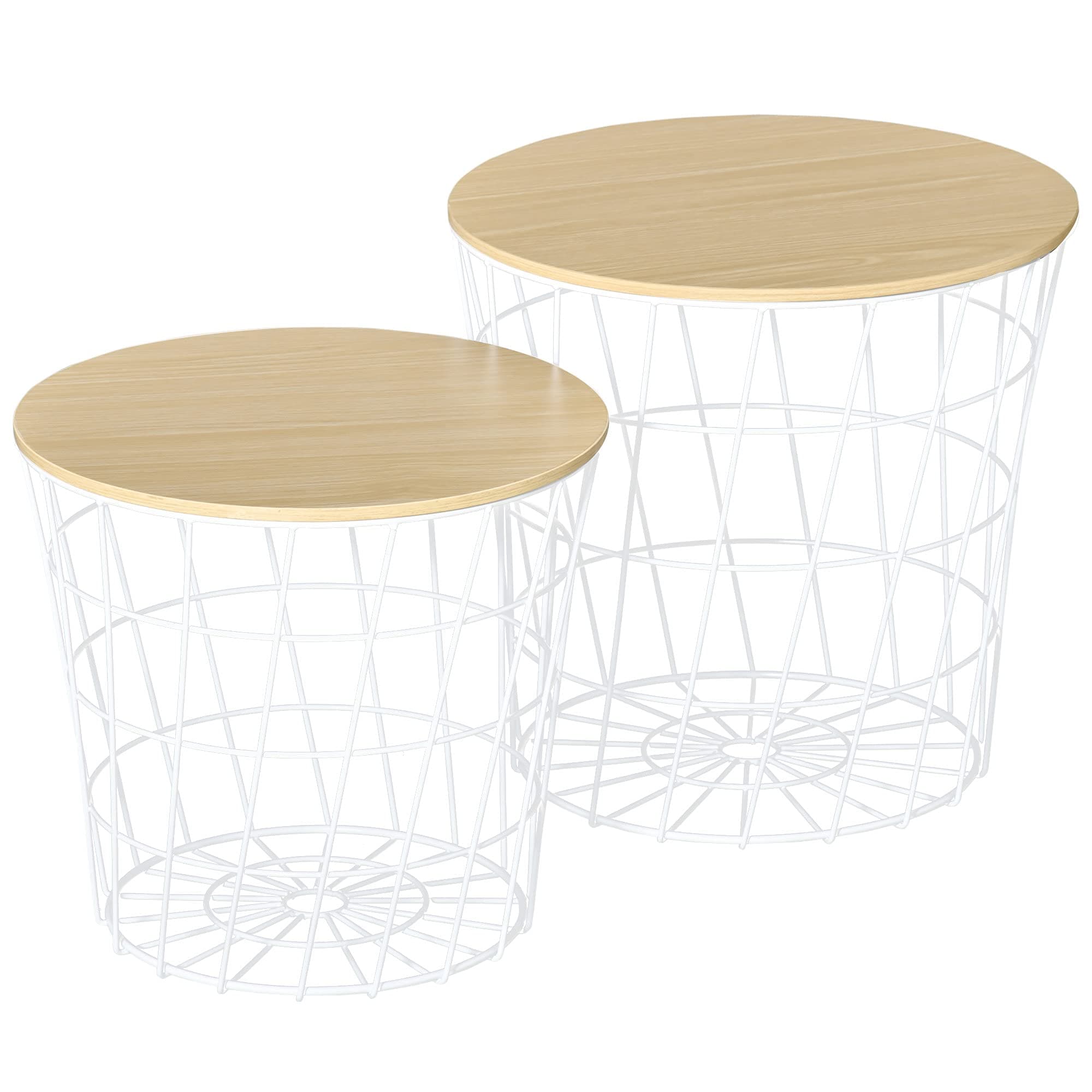HOMCOM End Tables Set of 2, Nesting Tables with Storage, Round Accent Side Tables with Removable Top for Living Room, White/Natural