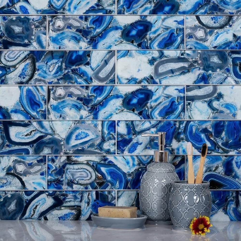 Polished Blue Agate-Pattern Glass Subway Wall Tile – 3″ x 12″, 20 Tiles Covering 5 sq ft – Not Peel & Stick Glossy Gemstone-Inspired Backsplash for Kitchen, Bathroom & Accent Walls
