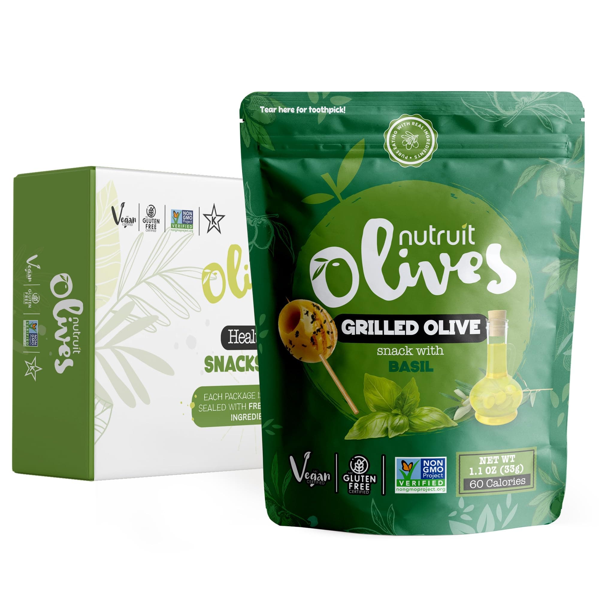 Nutruit Olipop Snacks Pitted Olives with Toothpick 1.2oz (Pack of 20)… (Grilled & Basil)