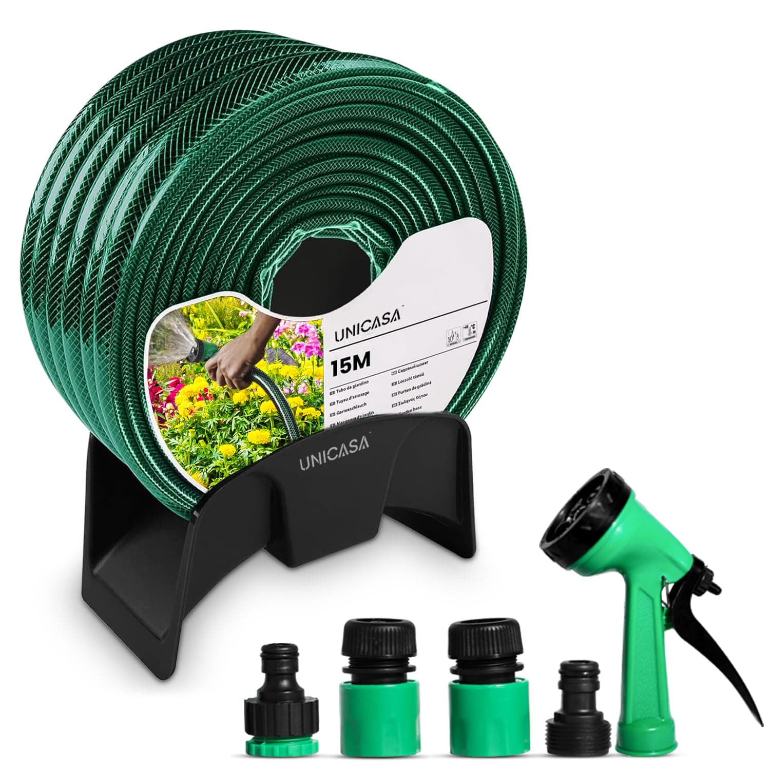 UNICASA™ 15-Meter Expandable Garden Hose Set with Thread Connectors and Sprayer - Lightweight and Durable, No-Kink with High-Performance Connectors, Lead-Free, Drinking Water Safe