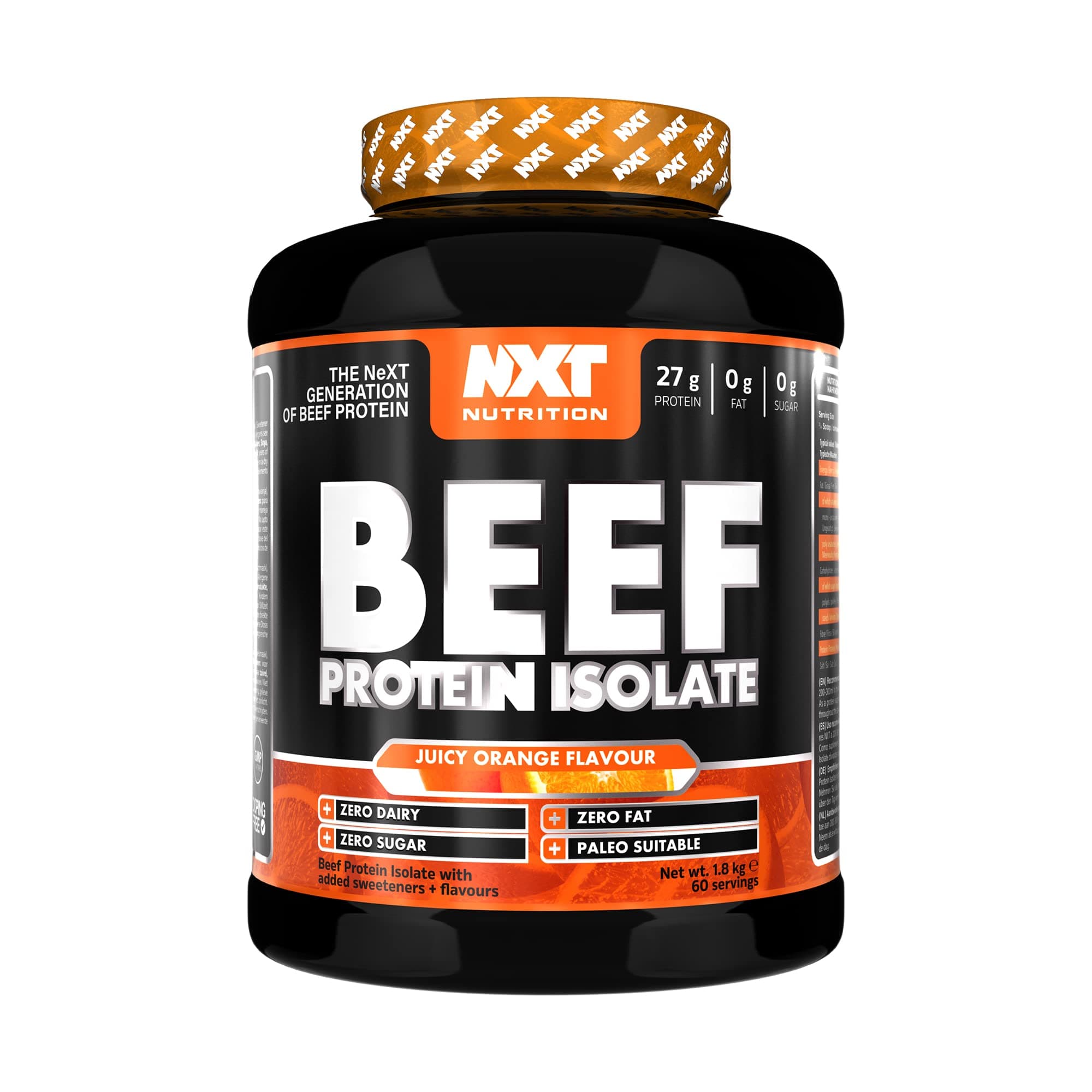NXT Nutrition Beef Protein Isolate Powder - Protein Powder High in Natural Amino Acids - Paleo, Keto Friendly - Dairy and Gluten Free - Muscle Recovery | 1.8kg | Orange