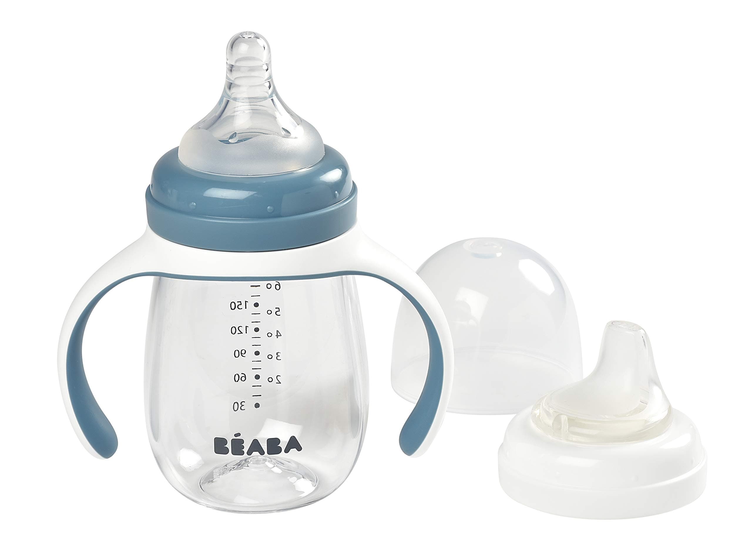 BEABA 2-in-1 Baby Bottle to Transition Sippy Cup, No Spill Sippy Cup, Includes Removable Handles, Silicone Baby Bottle Nipple and Soft Spout, 7 oz (Rain)