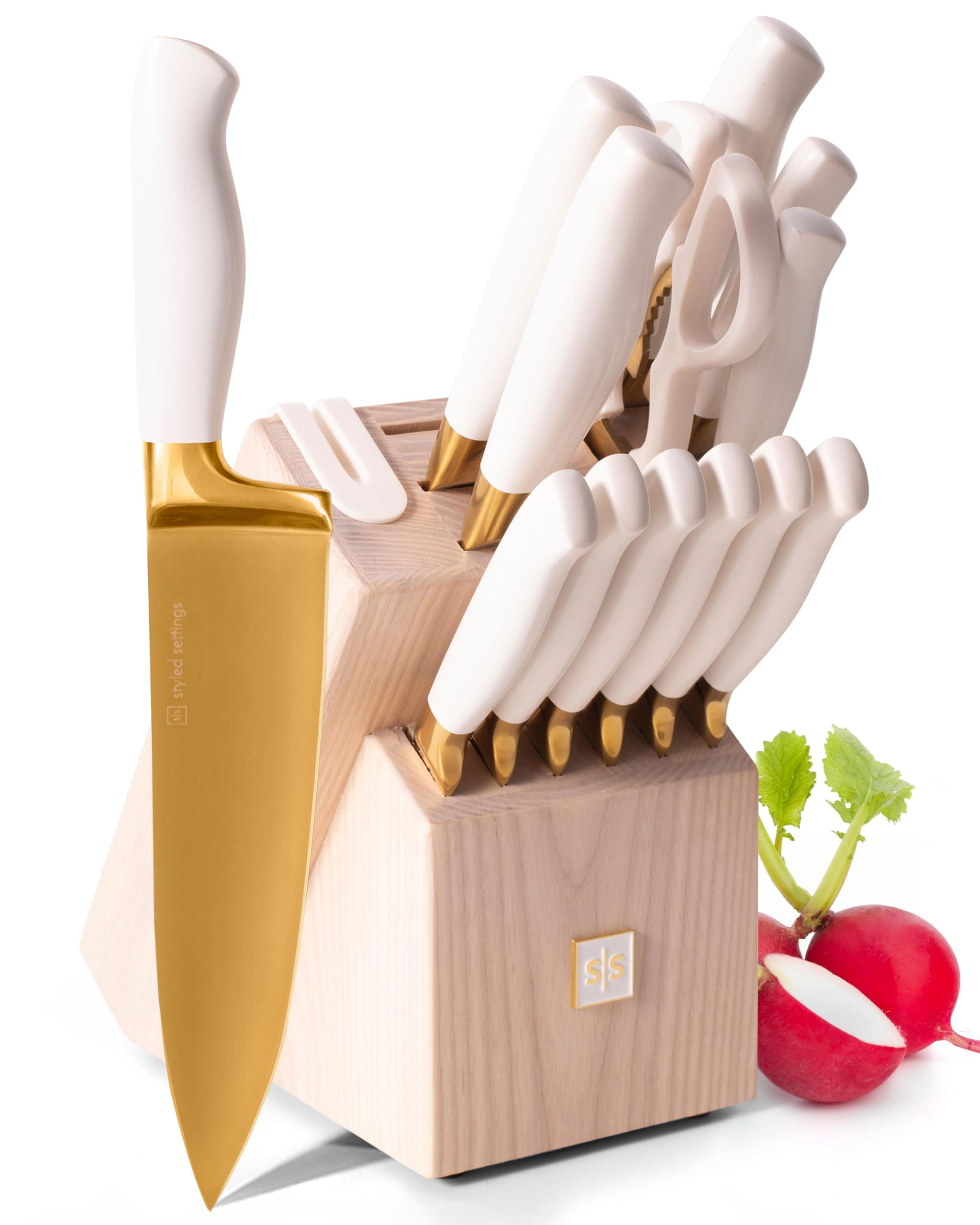 STYLED SETTINGS White and Gold Knife Set with Block Self Sharpening - 14 Piece Titanium Coated Gold and White Kitchen Knife Set & Ashwood Wood Knife Block with Sharpener -