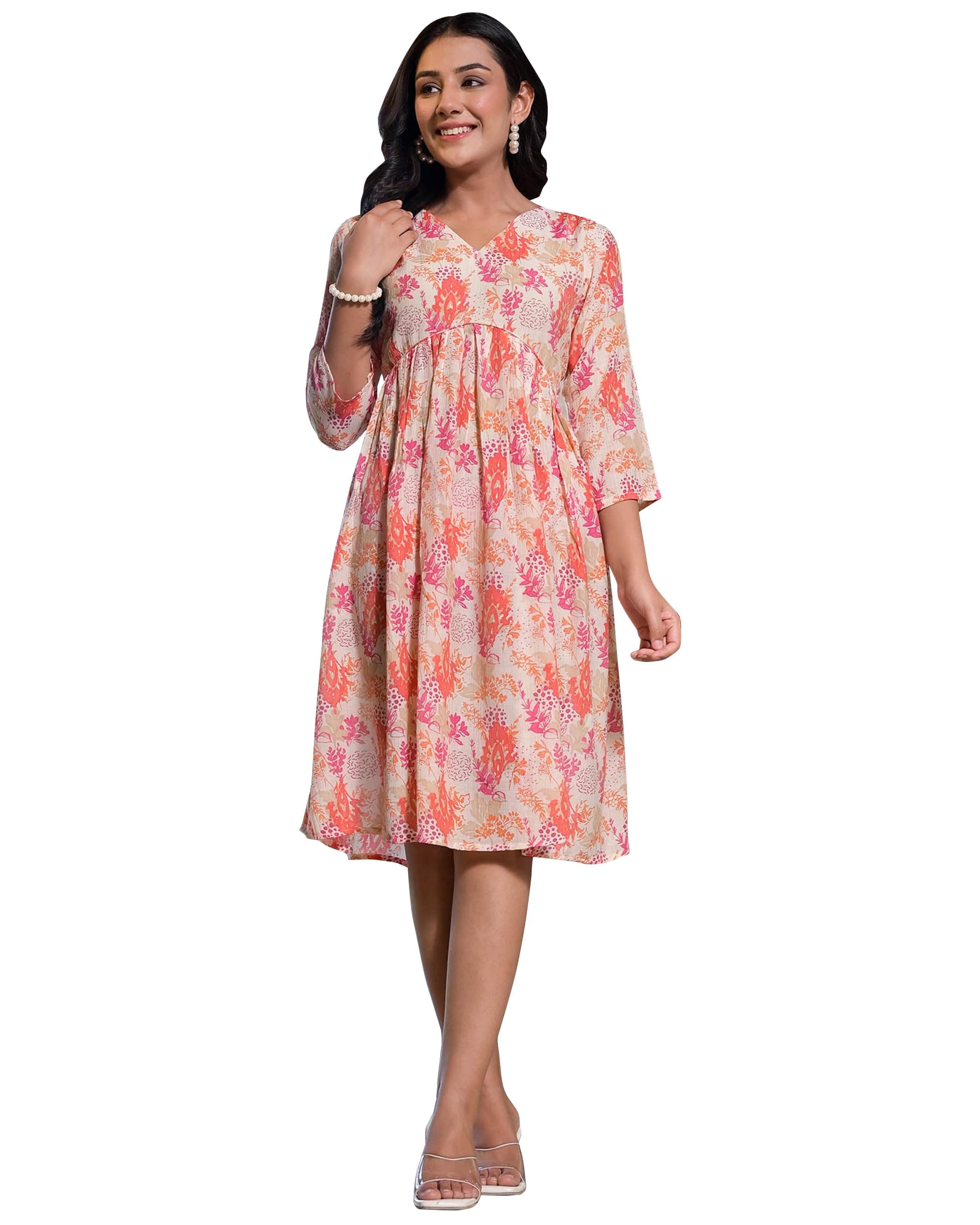 PeachmodeOff White Printed A-Line Chiffon Dress