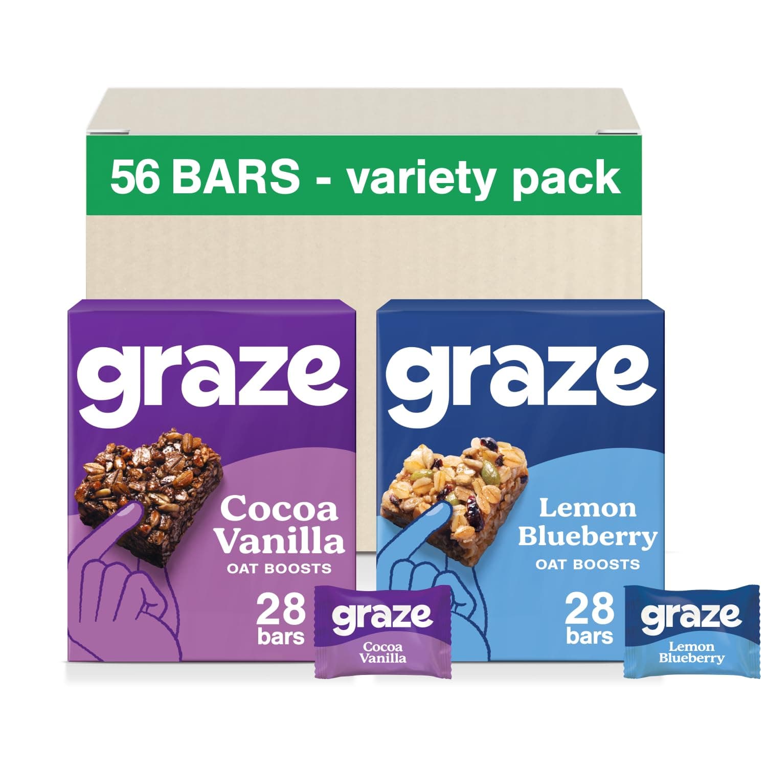 Graze Oat boosts, 28 x Cocoa Vanilla bars & 28 x Lemon Blueberry Superfood, Total 56 units of Vegetarian Bundle