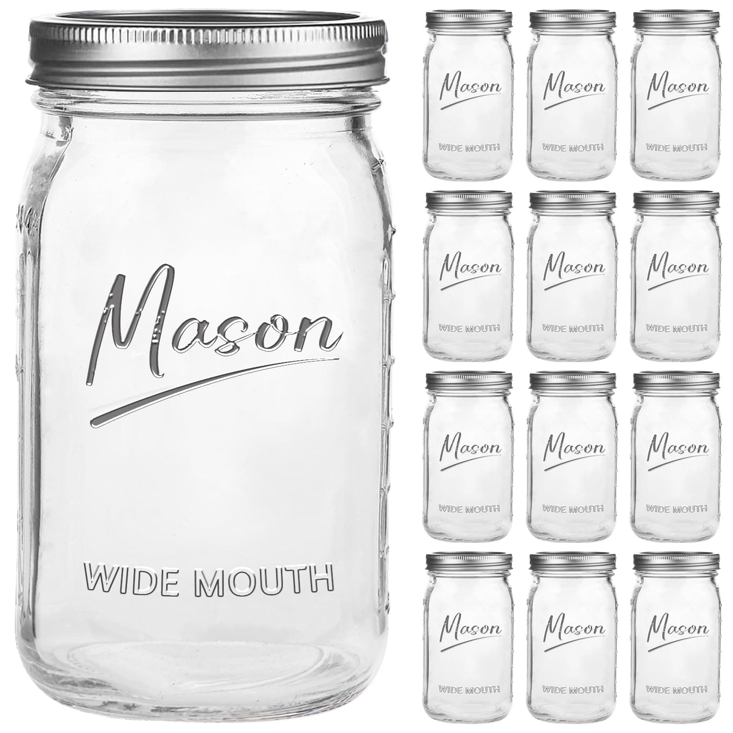 Mason Jars 32 oz,12 Pack Quart Wide Mouth Mason Jar With Airtight Lids,Glass Canning Jars for Fermenting, Pickling,Meal Prep,Overnight Oats & Centerpieces