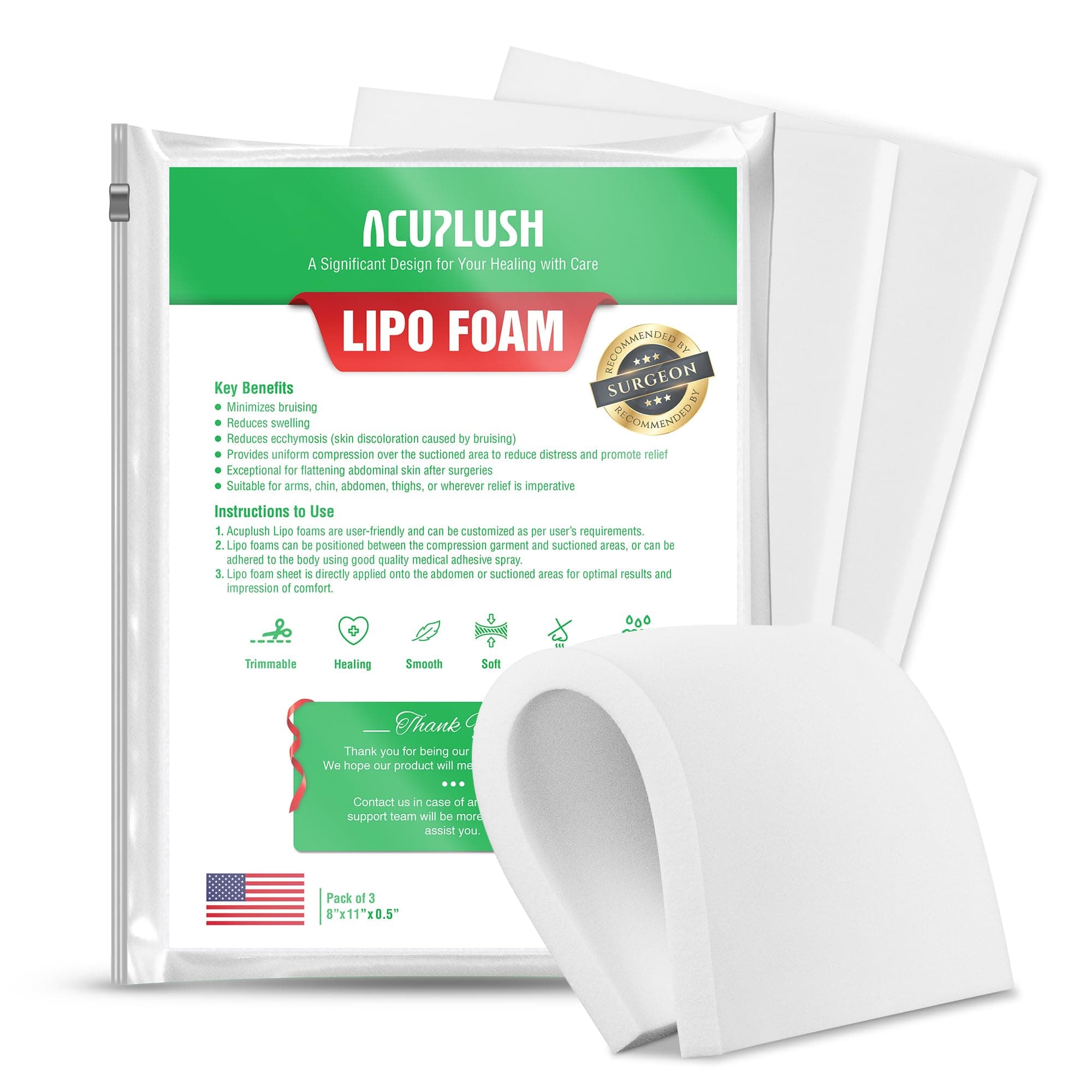 3 Pack Lipo Foam Pads - Post Surgery Ab Board for Liposuction Recovery, Flattening Abdominal Compression Garments for Tummy Tuck Surgery (8” x 11” x 0.5”)