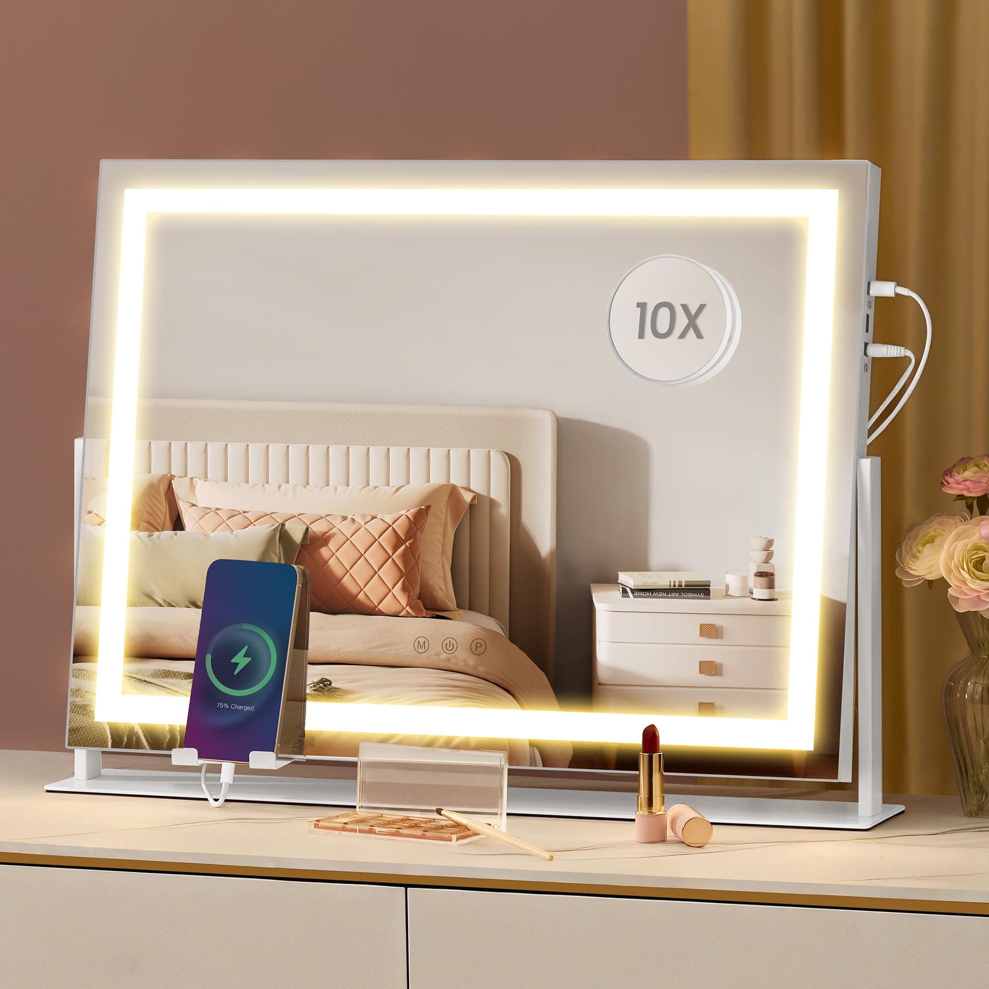 SONGMICS Vanity Makeup Mirror with Lights, Touch Control, Angle-Adjustable, Charging Ports, Detachable 10X Magnifying Mirror, 3 Color Temperatures, Dimmable, Phone Holder, Matte White ULWM002W01V1