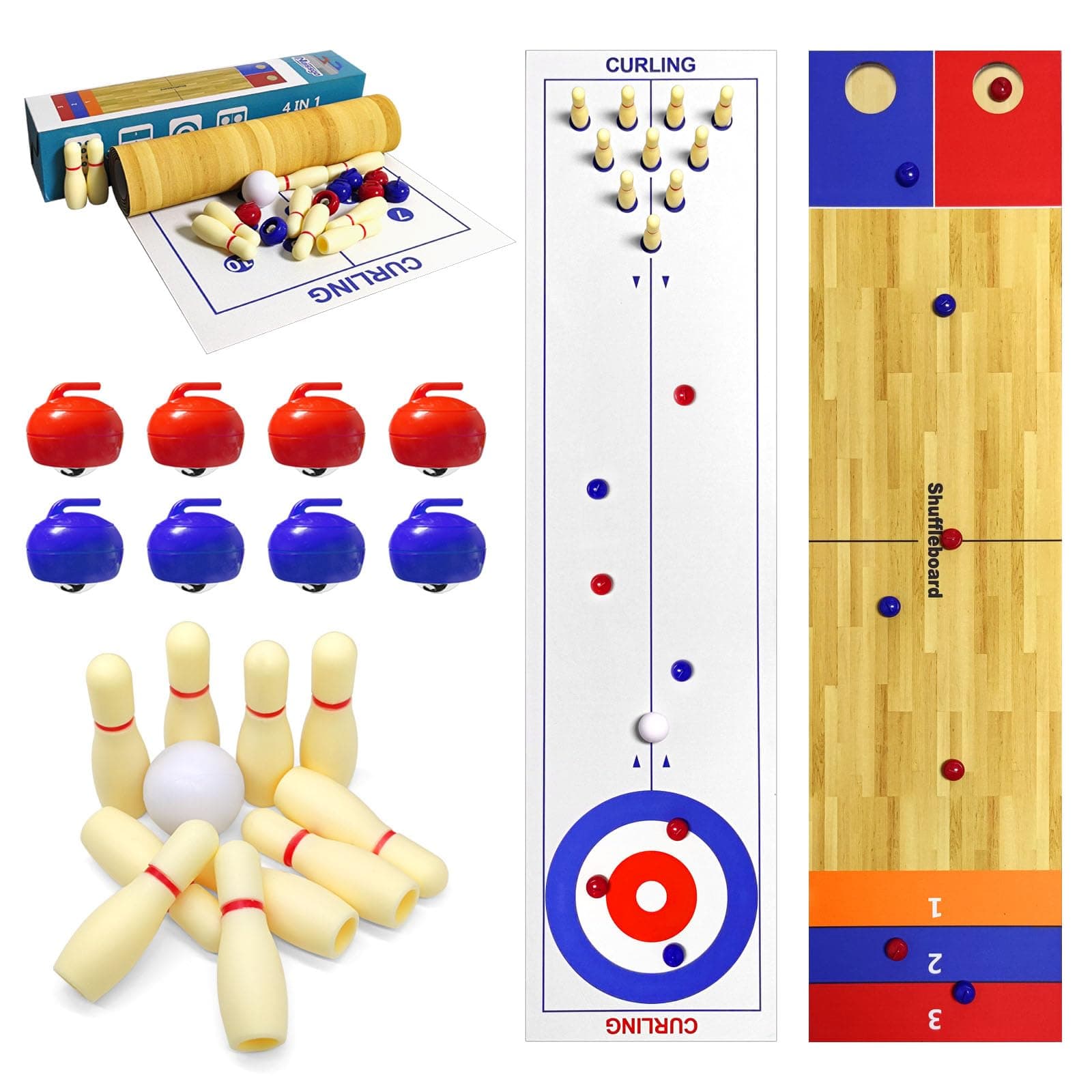 4 in 1 Tabletop Board Game Set, Shuffleboard Bowling Curling Cornhole Game, Tabletop Shuffleboard Bowling Curling Games, Interactive Tabletop Board Games Ideal for School, Home, Office, Party