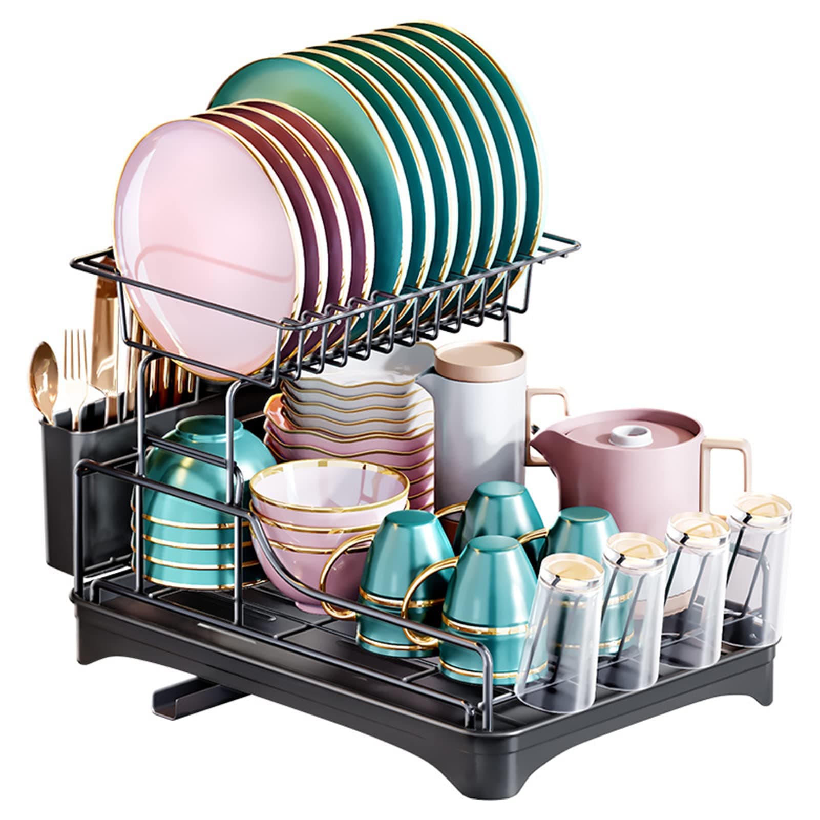 TDOOLarge Dish Drying Rack, 2 Tier Stainless Steel Dish Racks with Drainage and Utensil Holder, Drying Rack Kitchen with Drainboard Set, Foldable Dish Drainers for Kitchen Counter Black (D)