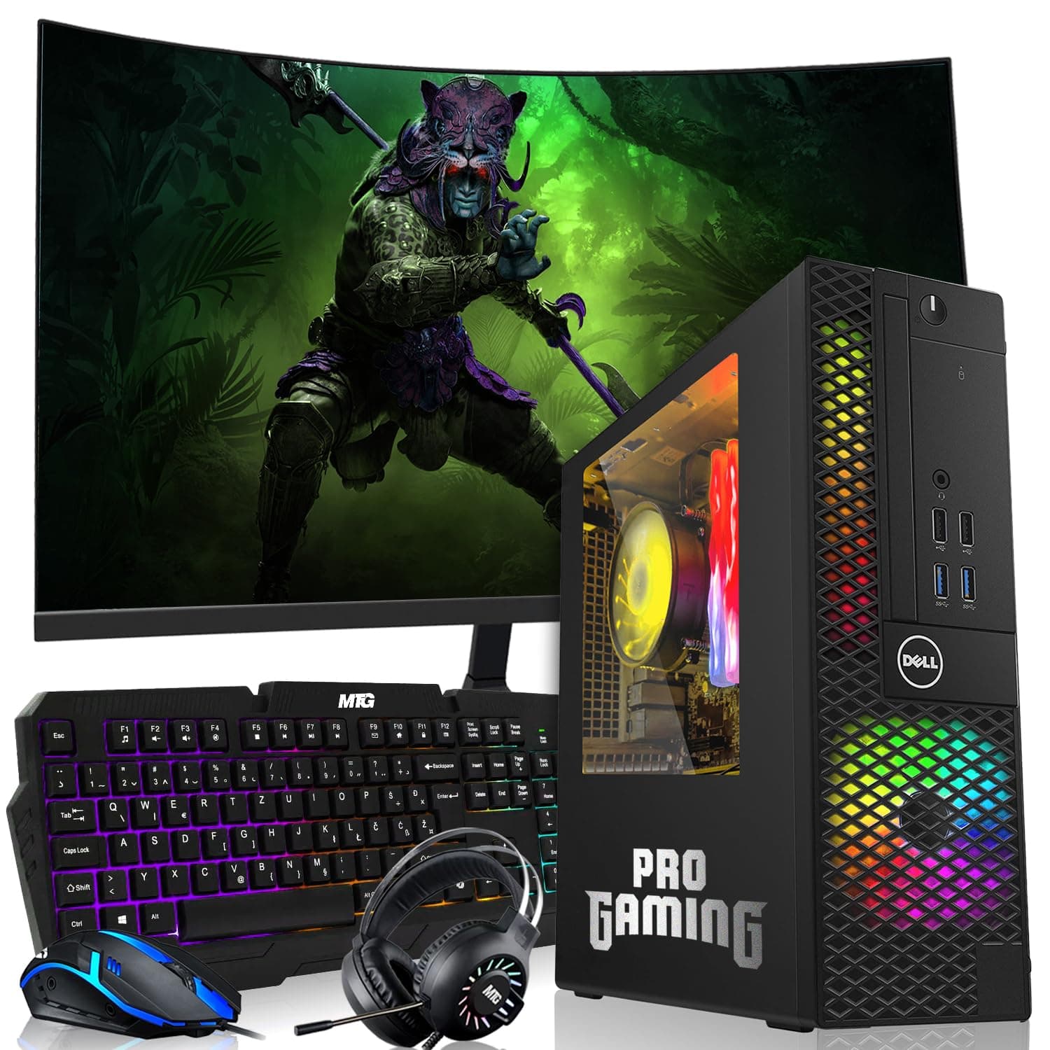 Dell OptiPlex Desktop PC – Intel Core i7, 32GB ARGB RAM, 512GB SSD, 27 Inch Curved Monitor, GT 1030 Graphics, RGB Keyboard with AI Copilot Key, Mouse & RGB Headphones, Windows 11 Home (Renewed)