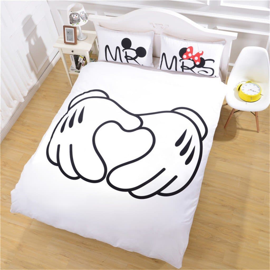 Microfiber Reversible Mickey Mouse Mr/Mrs Couples Duvet Cover 3PCS Bedding Set with Zipper Closure - Ultra Soft Lightweight and Easy Care, King