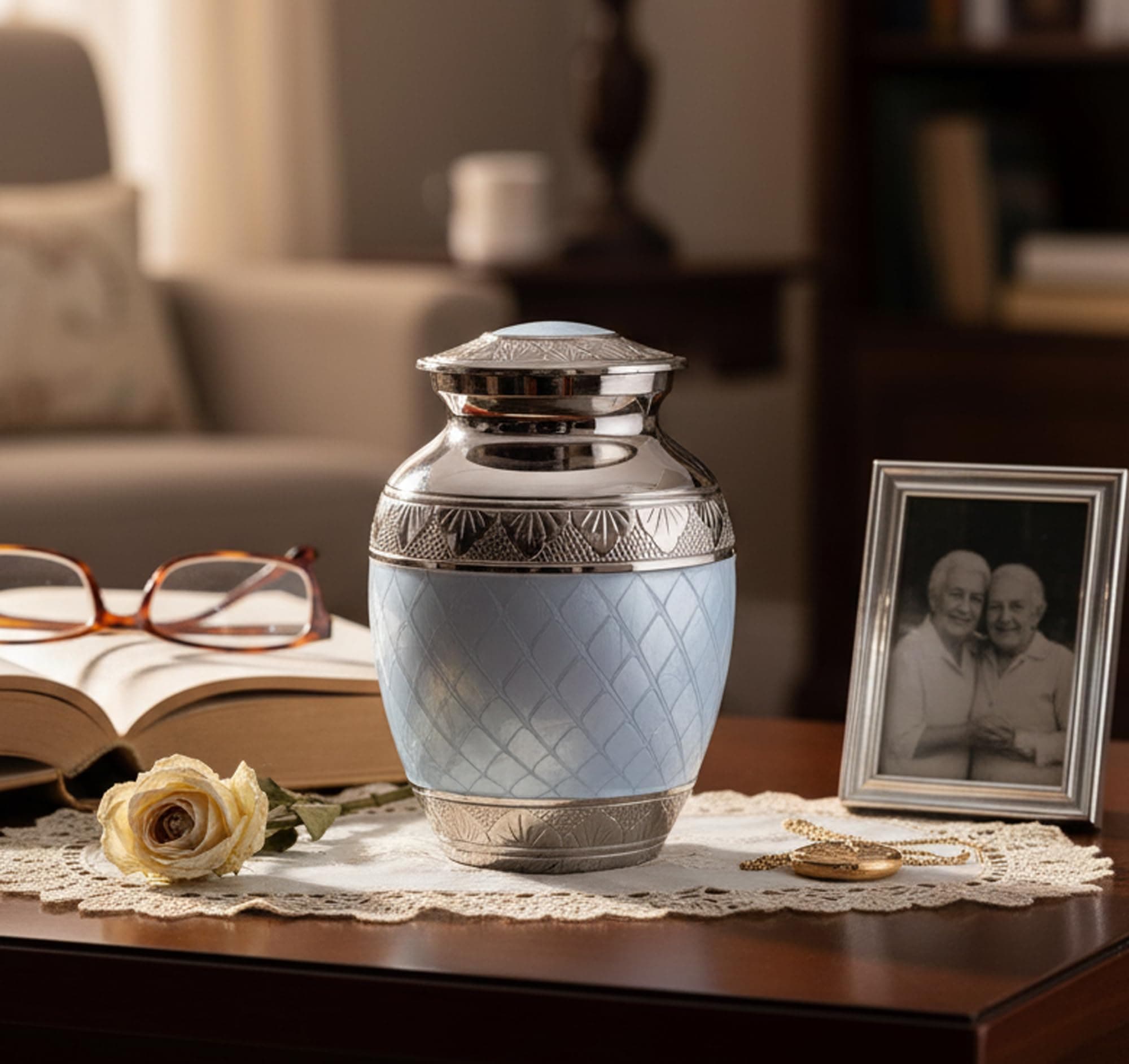 ESPLANADE Metal Cremation Urn Memorial Jar Pot Container | Medium Size for Funeral Ashes Burial | Engraved Blue Metal - 6" Inches
