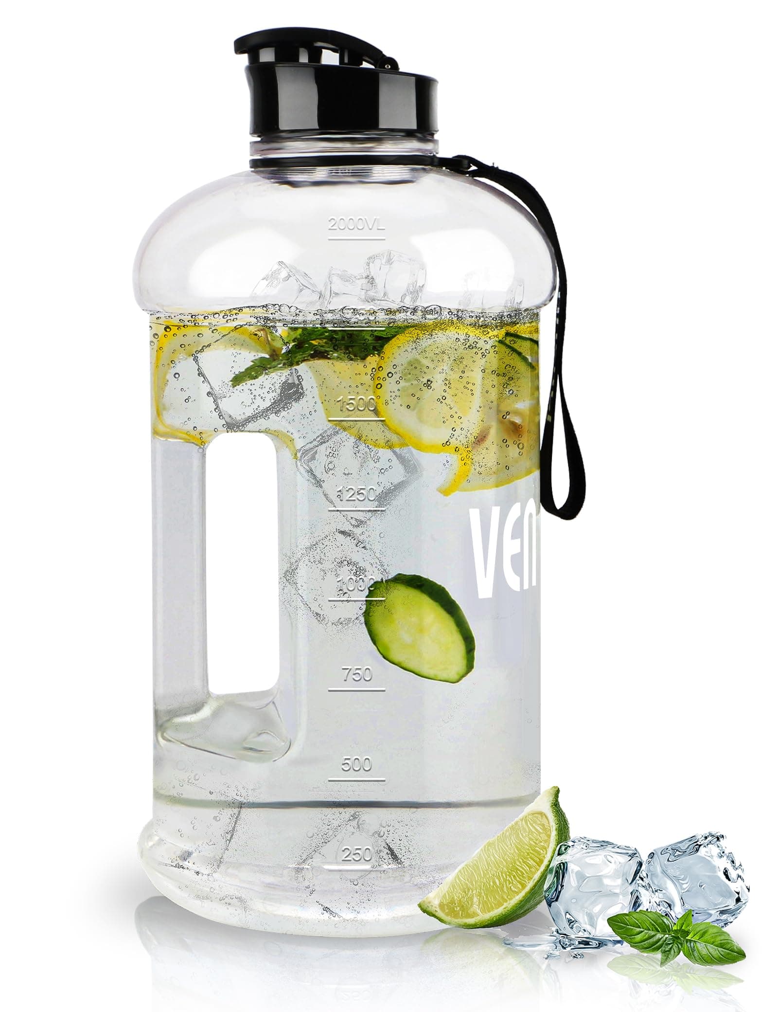 VENNERLI Half Gallon Water Bottle 2.2L Bottles with Handle Flip Cap 100% Leak Proof BPA Free Reusable Durable Big Gym Jug for Camping Sports Workouts Hiking Outdoors 2.2Litre (Clear)