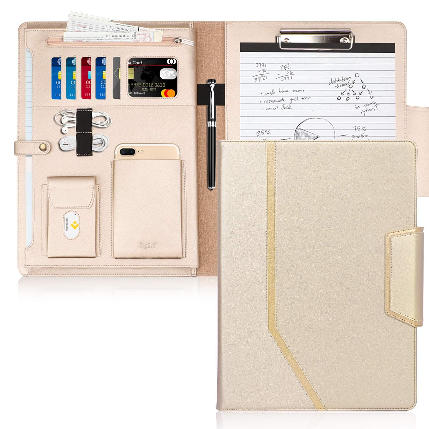 Toplive Padfolio Portfolio Case, Executive Business Padfolio with Document Sleeve, Letter/A4 Size Clipboard, Business Card Holders, Portfolio for Women & Men, Matte Gold