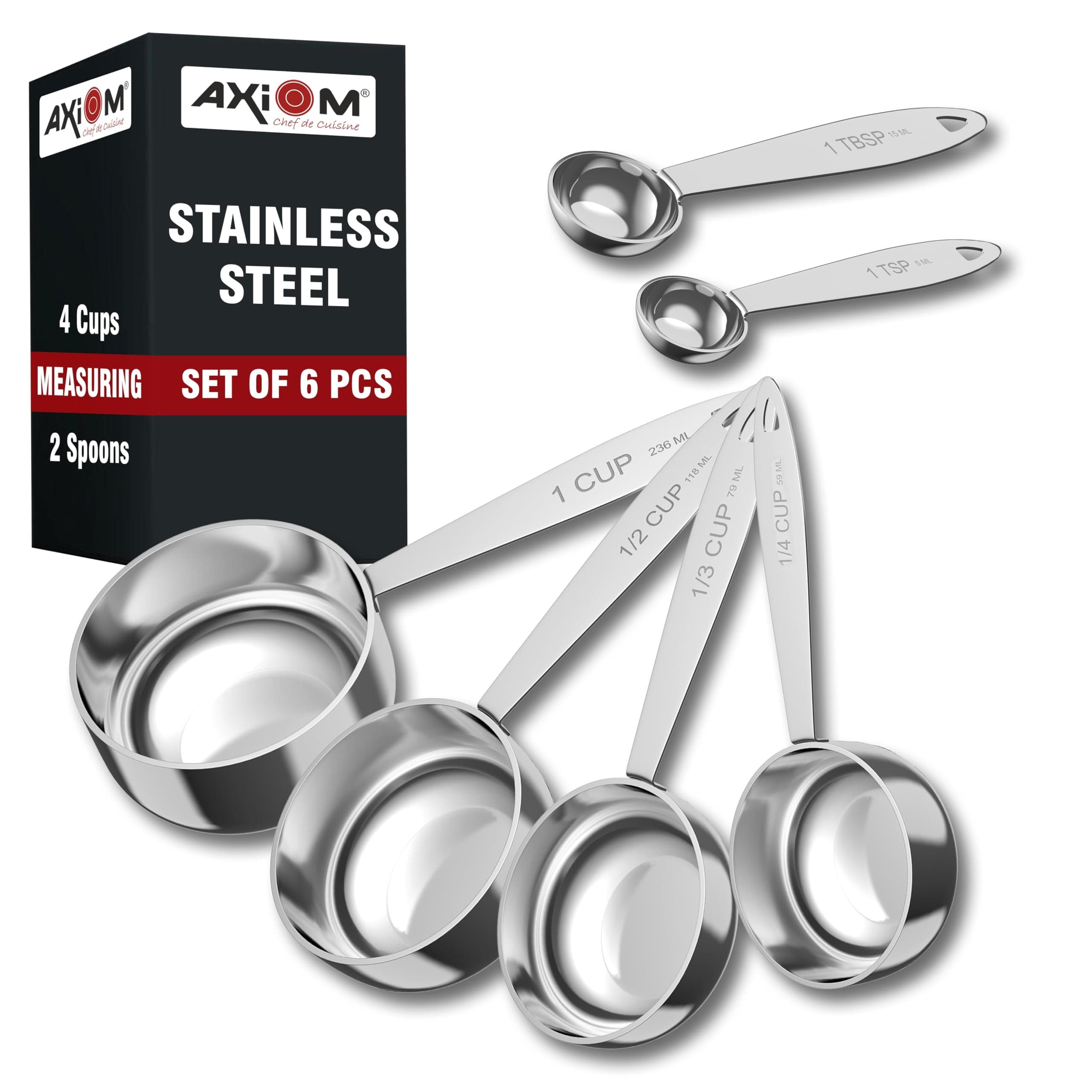 - AXIOM Stainless Steel Measuring Set of 6 pcs. 4 Stackable Measuring Cups and 2 Stackable Measuring Spoons with Measurement Engraving Handle for Baking & Cooking