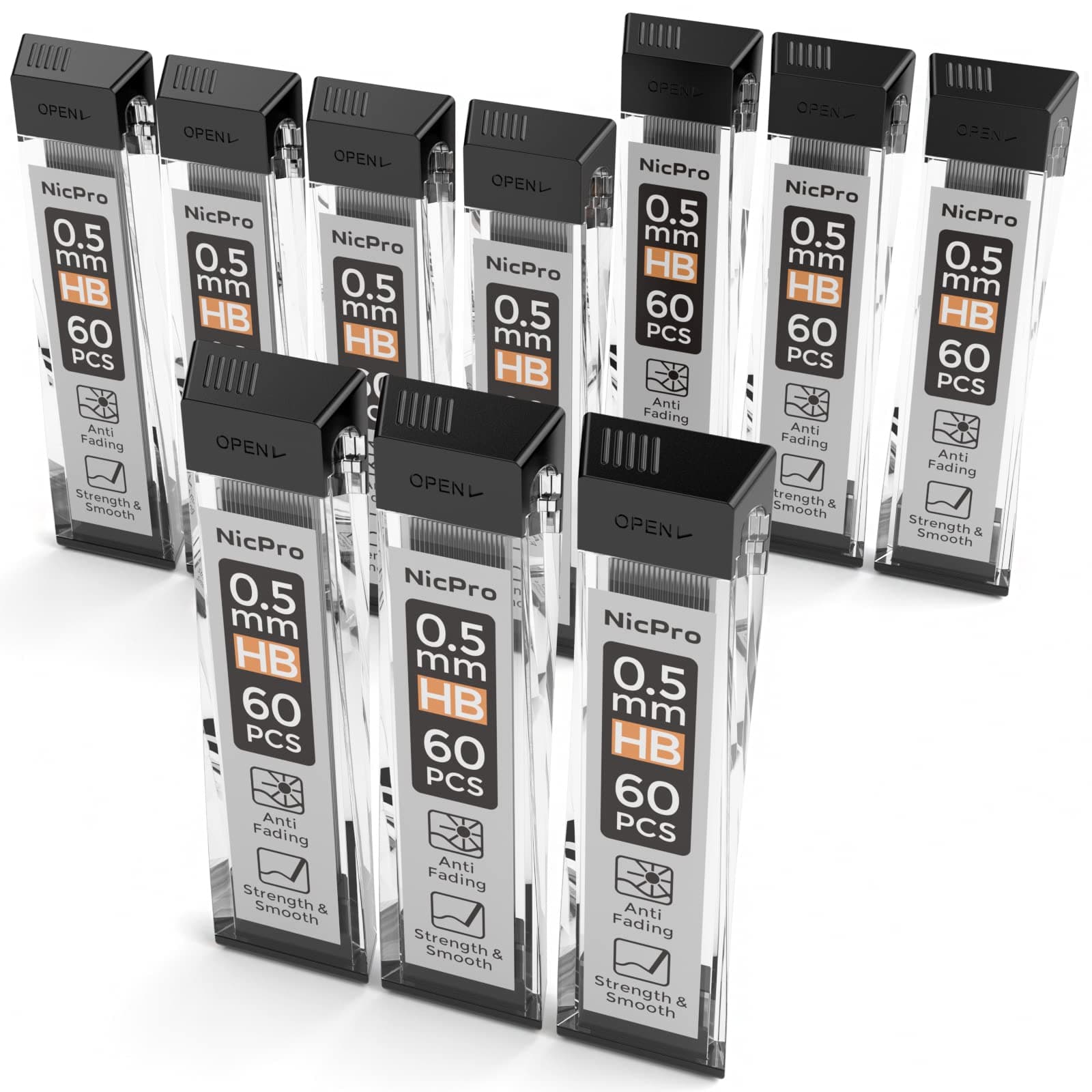 600 PCS Lead Refills 0.5mm HB #2 Break Resistant Mechanical Pencil Refills 0.5 mm, 60 Pack Per Tube, 10Tubes