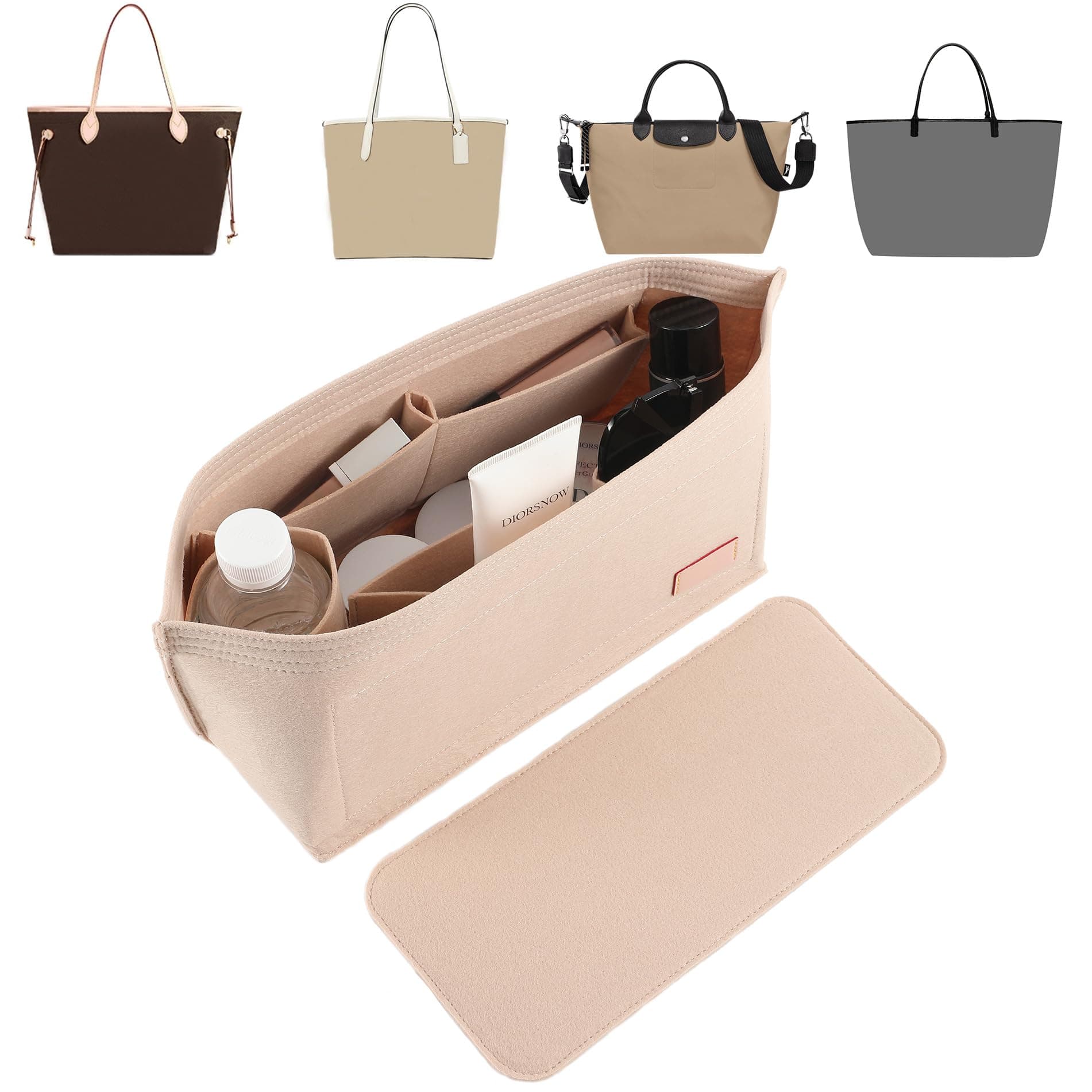 Purse Organizer Insert for Handbags & Base Shaper 2pc Set,Felt Organizer Insert Large Tote,Bag Organizer with Zipper 3 Sizes,Fit Speedy Neverfull MM and More(Beige-L-Combination)