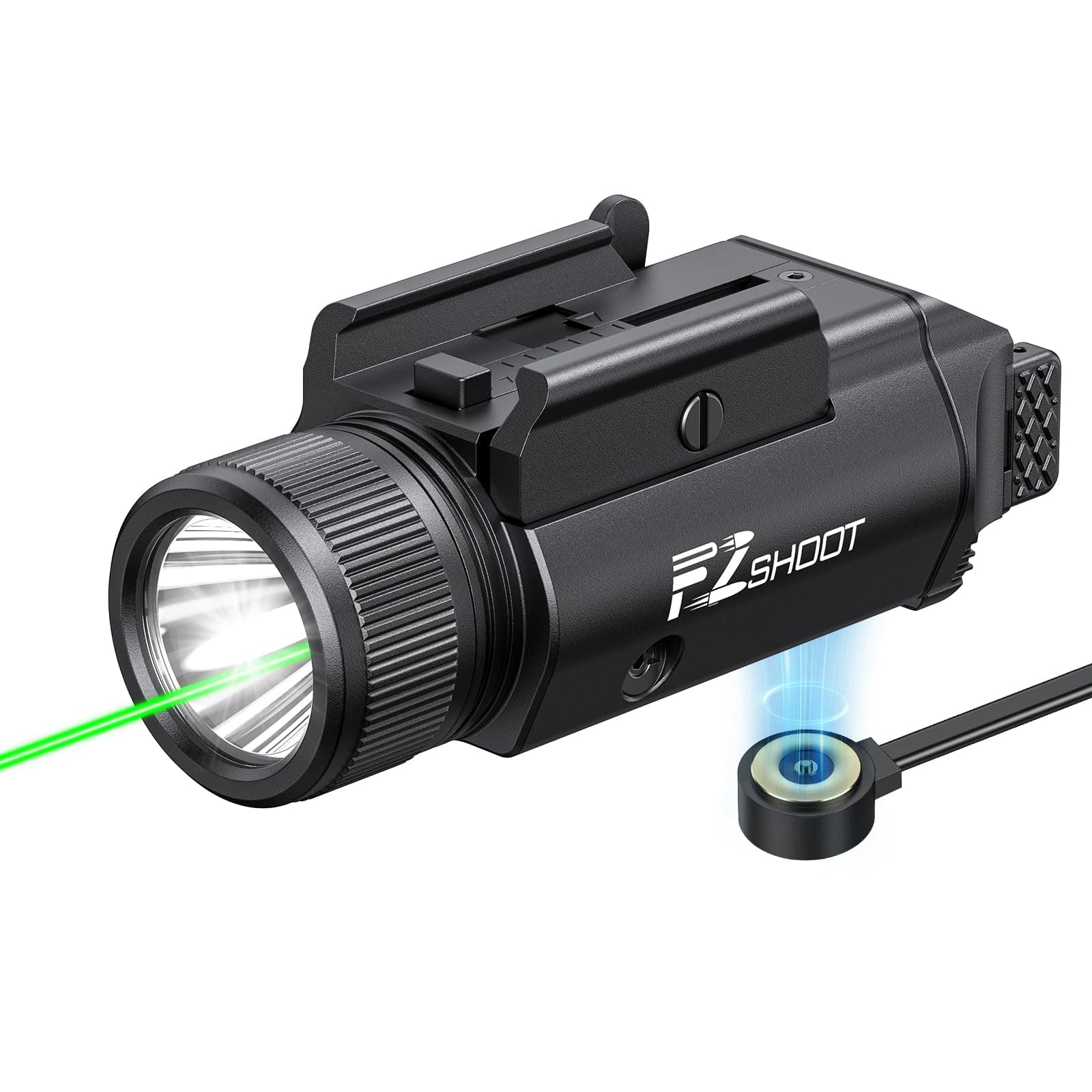 EZshoot 2400 Lumens Laser Light Combo with Strobe Mode, High Lumen Pistol Flashlight, Magnetic Rechargeable Green Laser Light with Quick Install Adjustable Slide Rail for Picatinny GL Rail