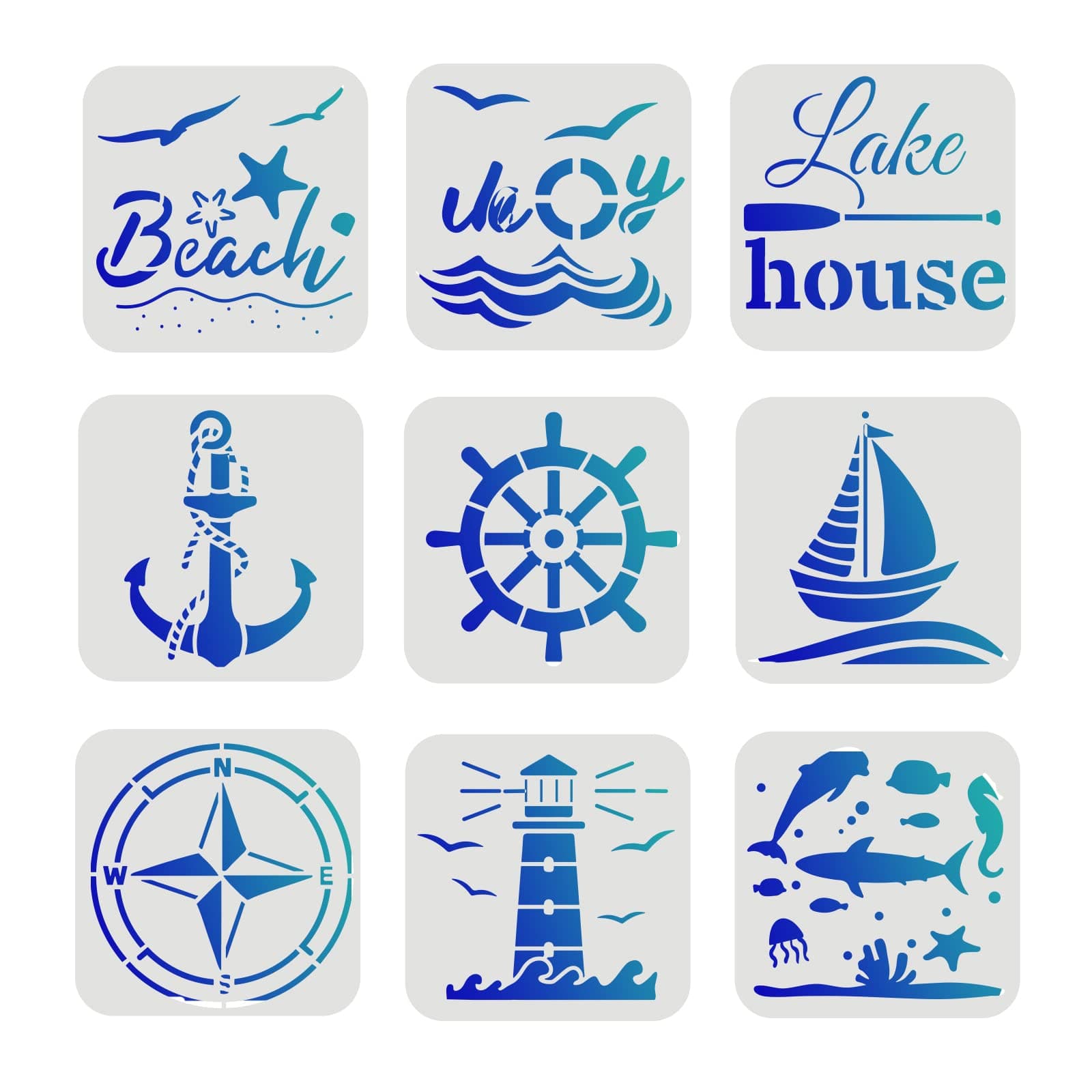 FINGERINSPIRE 9 Pcs Compass Stencil 6x6 inch Plastic Nautical Theme Painting Stencil Sea Life Stencil Anchor Beach Sailboat Lighthouse Stencils Reusable Stencils for Painting on Wood, Floor, Wall