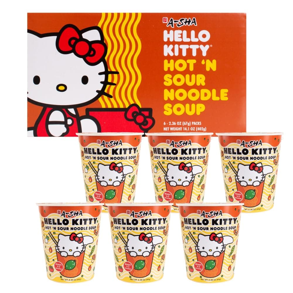 Hello Kitty Instant Ramen Noodle Cup | 6 Pack | Hot and Sour Flavor | Premium Microwaveable Ramen Soup Mix, Asian Snacks